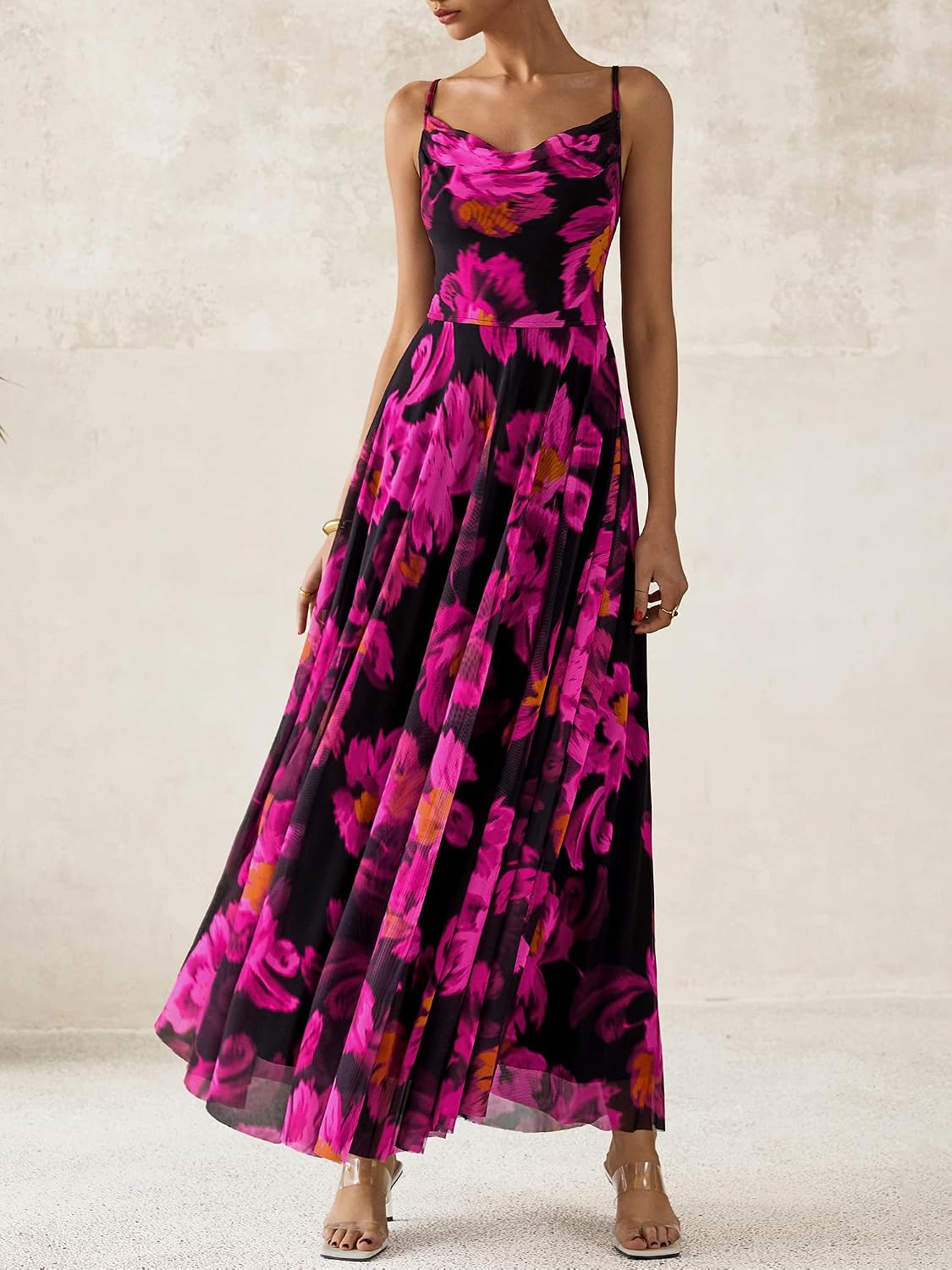 Detalle 2 de BTFBM Women Summer Floral Maxi Dress with Elegant Spaghetti Straps