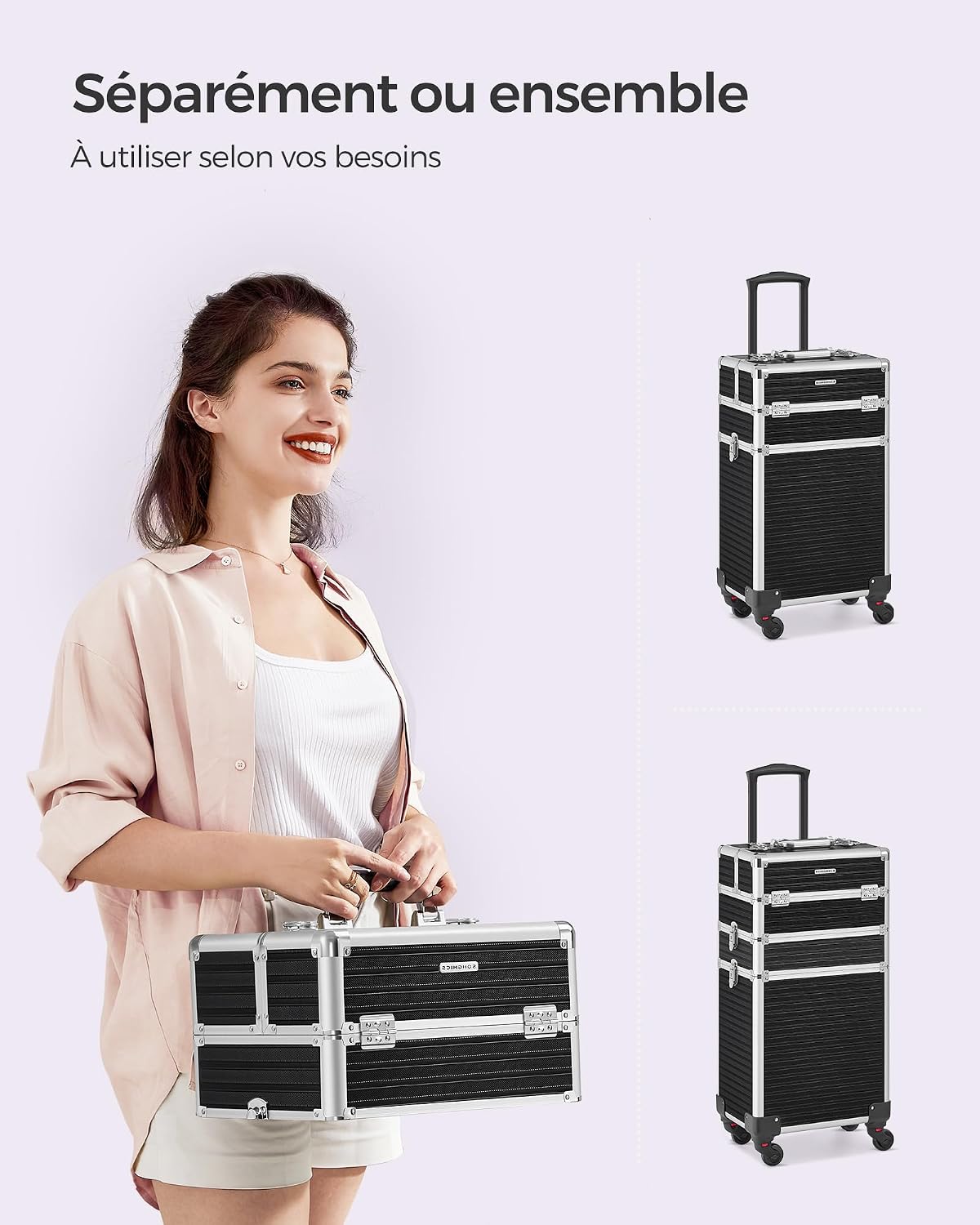 Detalle de Mallette de maquillage professionnelle SONGMICS 3-en-1 XXL JHZ014B01 – Verrouillable, roulettes 360°, Noir