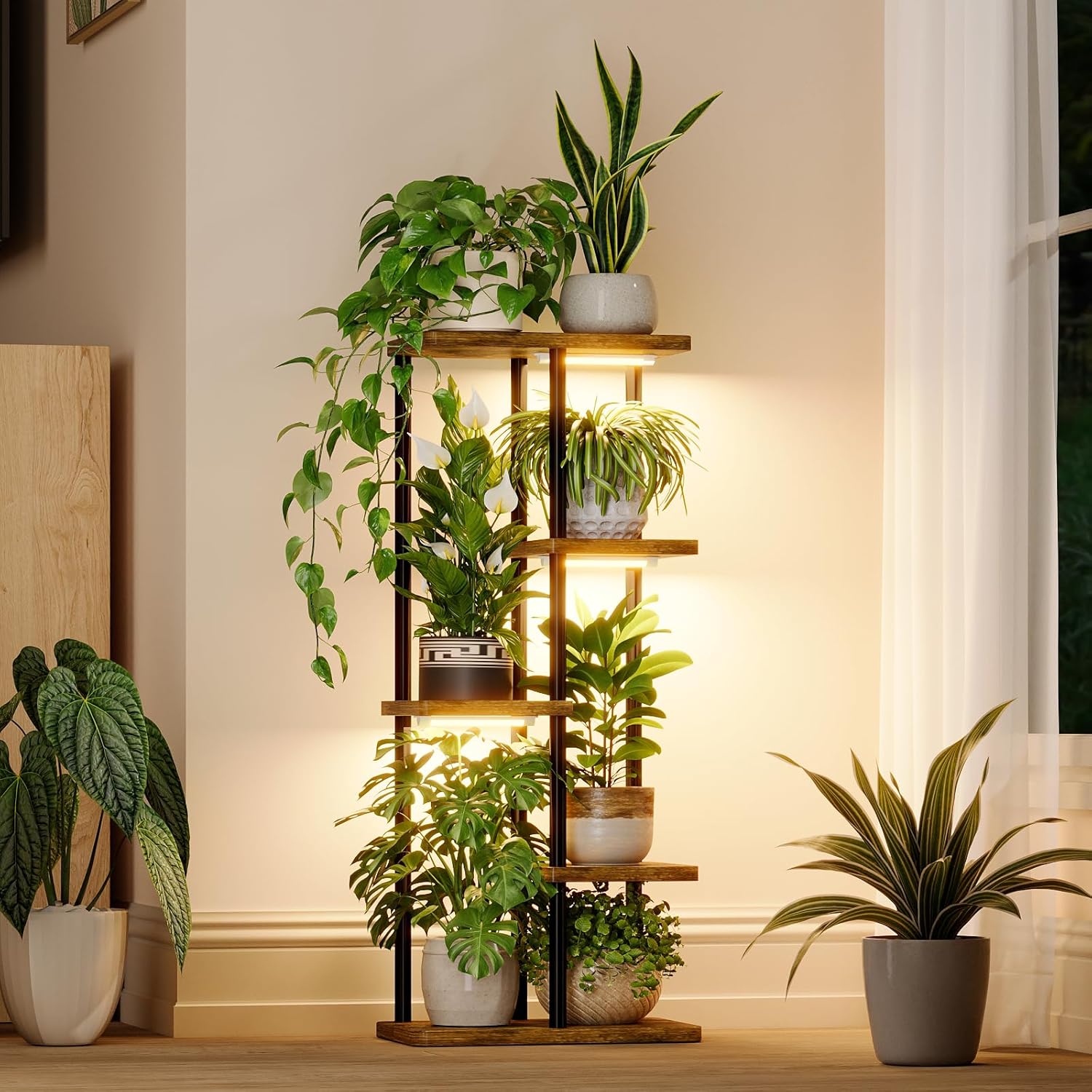 Detalle de Bamworld mensola per piante da interno a 5 livelli con luce crescente