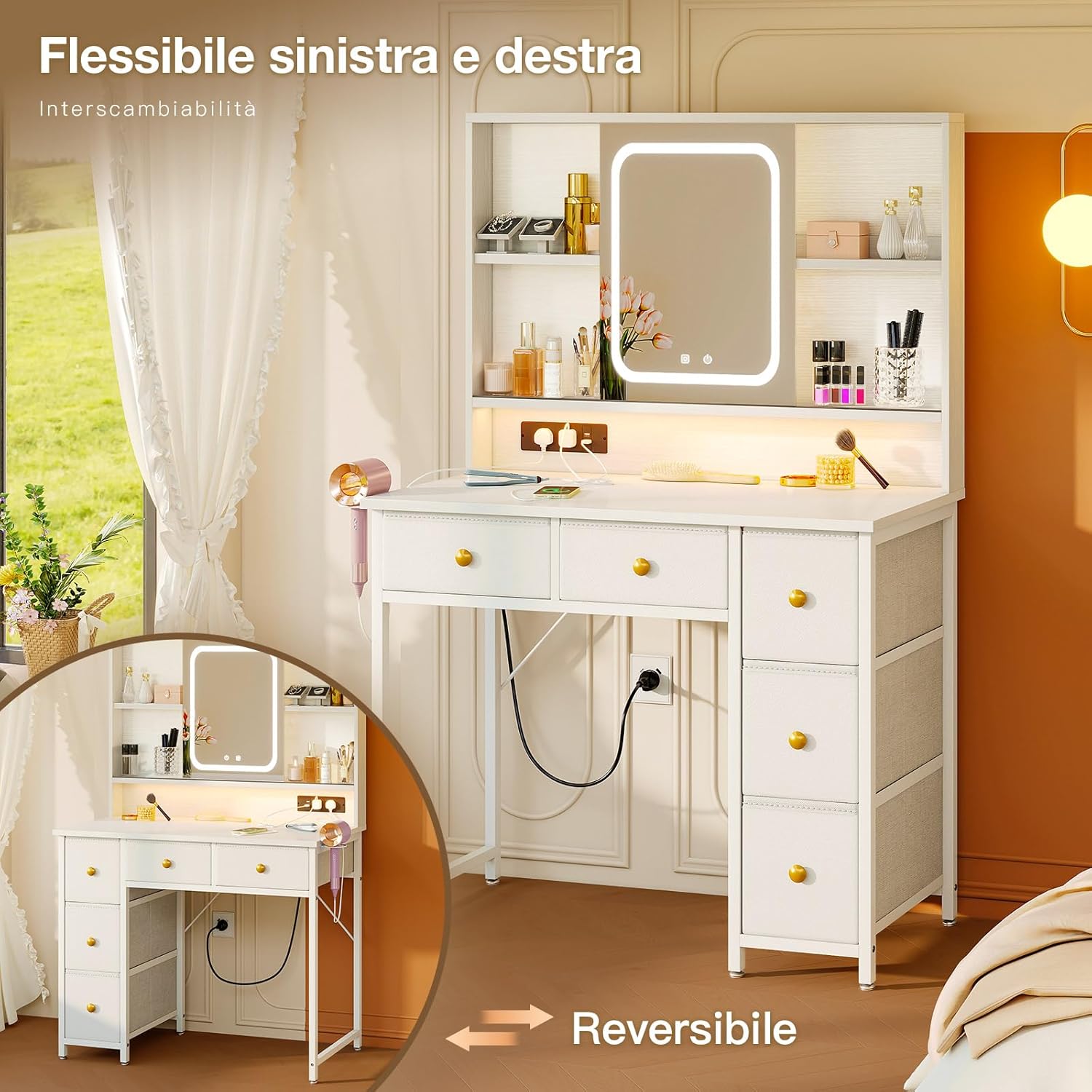 Thumbnail 6 de ODK Tavolo da toeletta con specchio LED mobile (5) – 8 cassetti, USB, barra RGB, bianco, 110 × 40 × 137 cm
