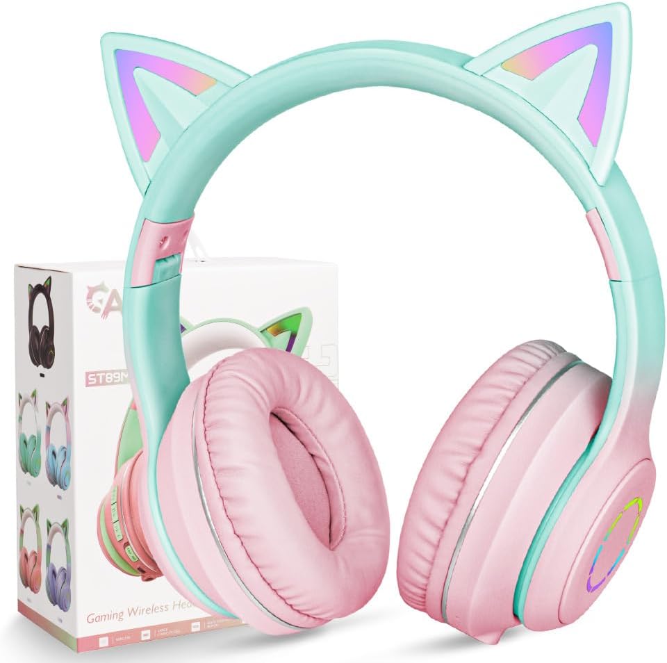 Detalle de AXFEE Bluetooth-Kinder-Kopfhörer mit Katzenohren – kabelgebunden oder Bluetooth, 105 dB Schutz, LED-Beleuchtung, faltbar