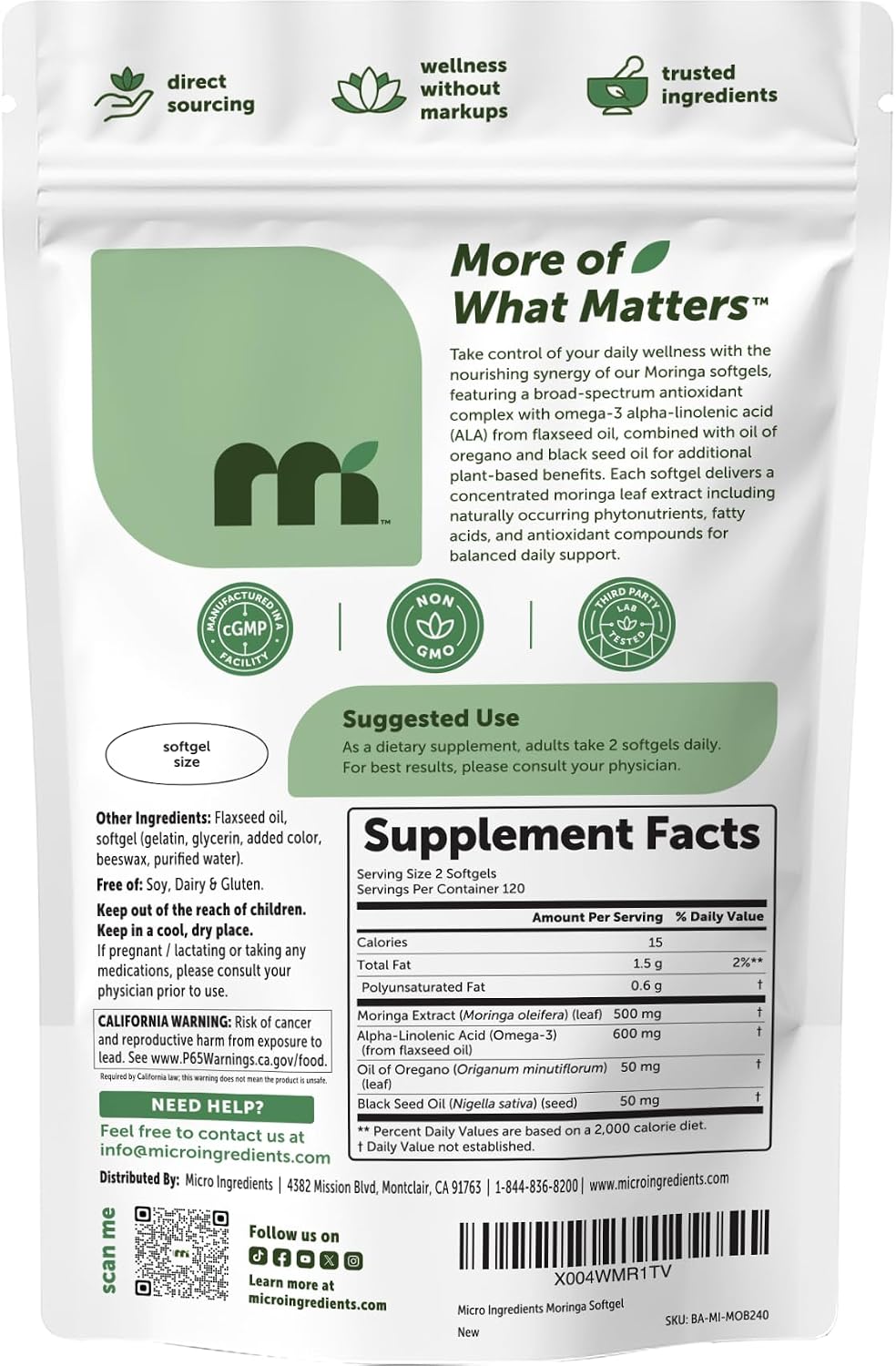 Detalle 2 de Micro Ingredients Moringa Supplement, 240 Softgels