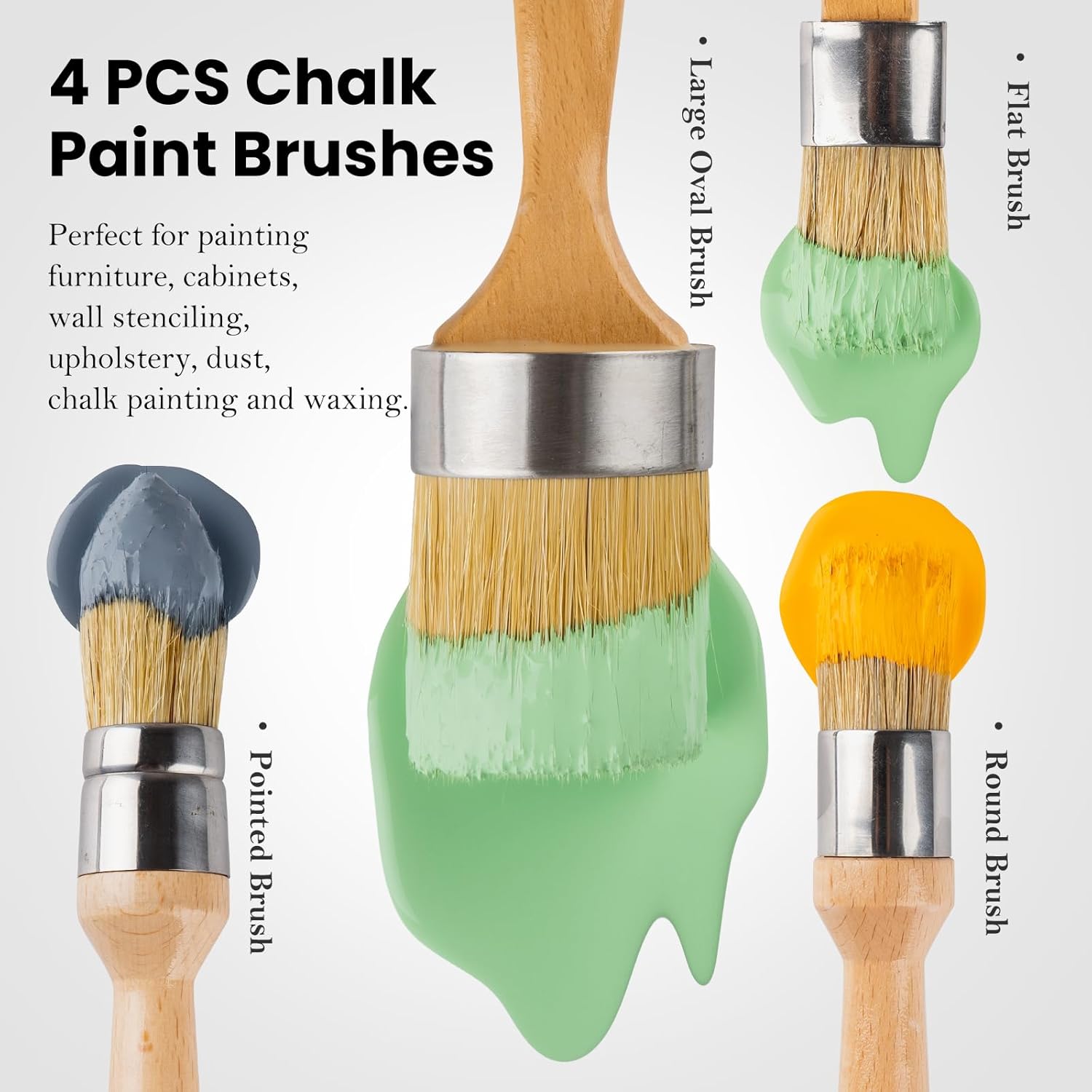 Detalle de Mister Rui Chalk Paint Brushes Set of 4 – Small Round, Pointed, Flat, and 2.5in Oval Brush