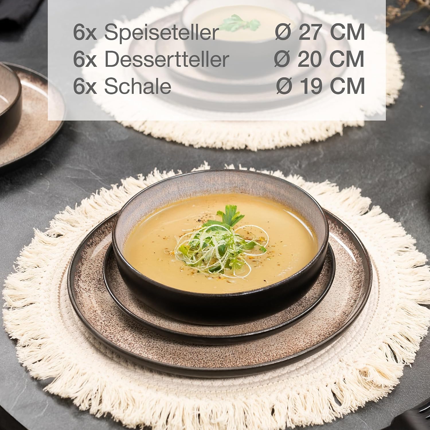 Detalle de Moritz & Moritz VIDA Geschirrset 6 Personen Beige – 18-tlg. Porzellan, mikrowellen- & spülmaschinengeeignet