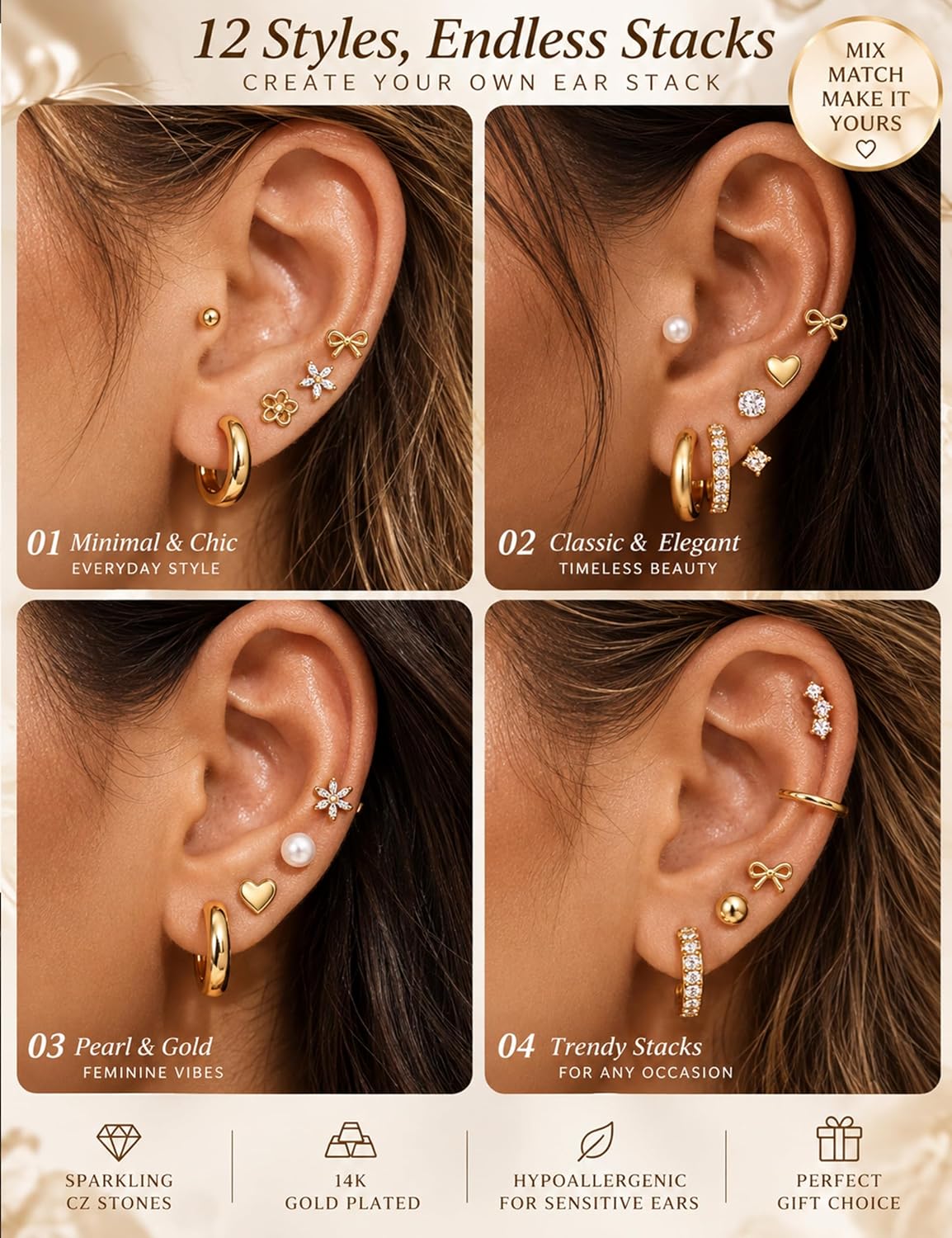 Detalle de Gold-Plated Stud Earrings Set, 12 Pairs