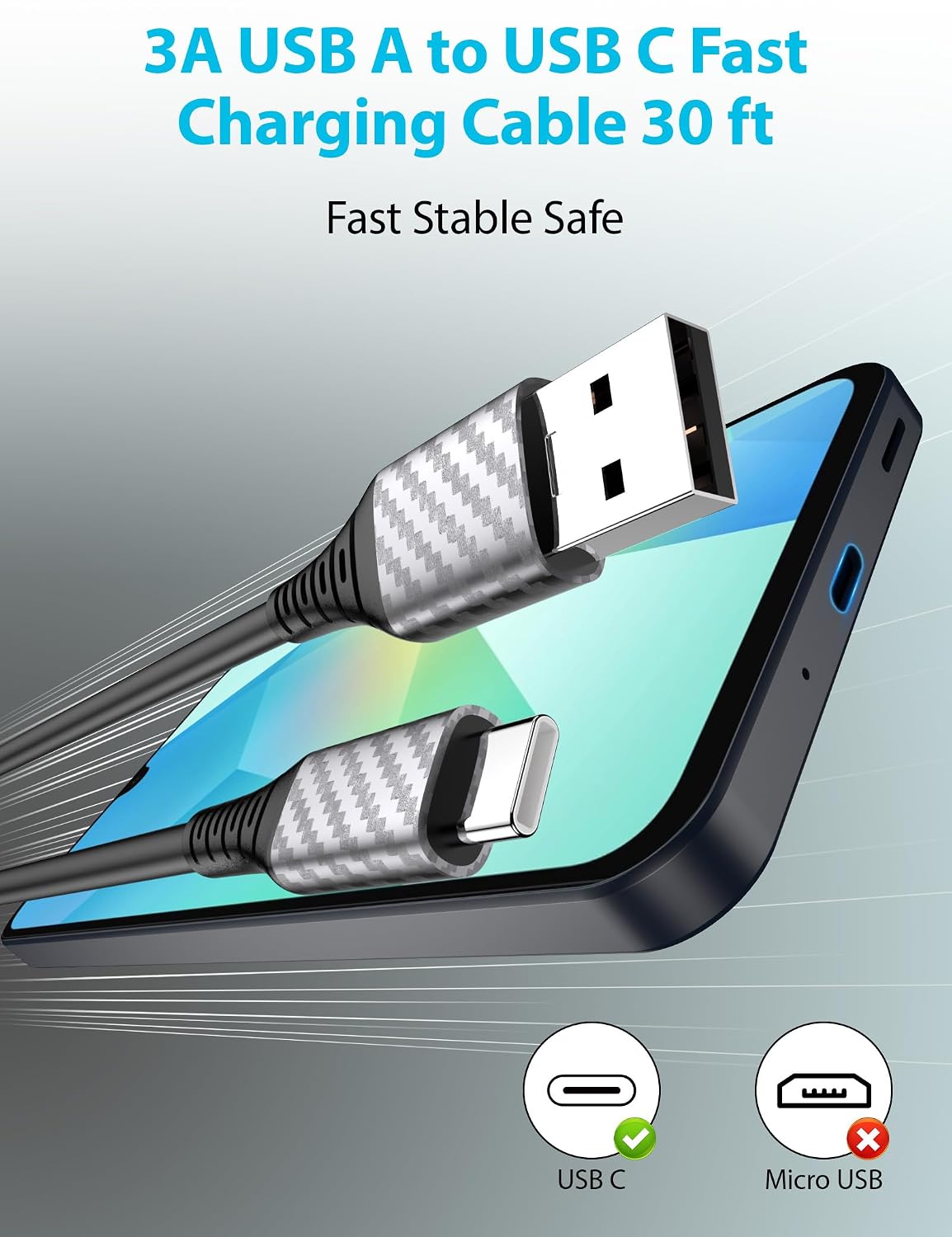Detalle 2 de USB C charger cable 9m 3A fast charge