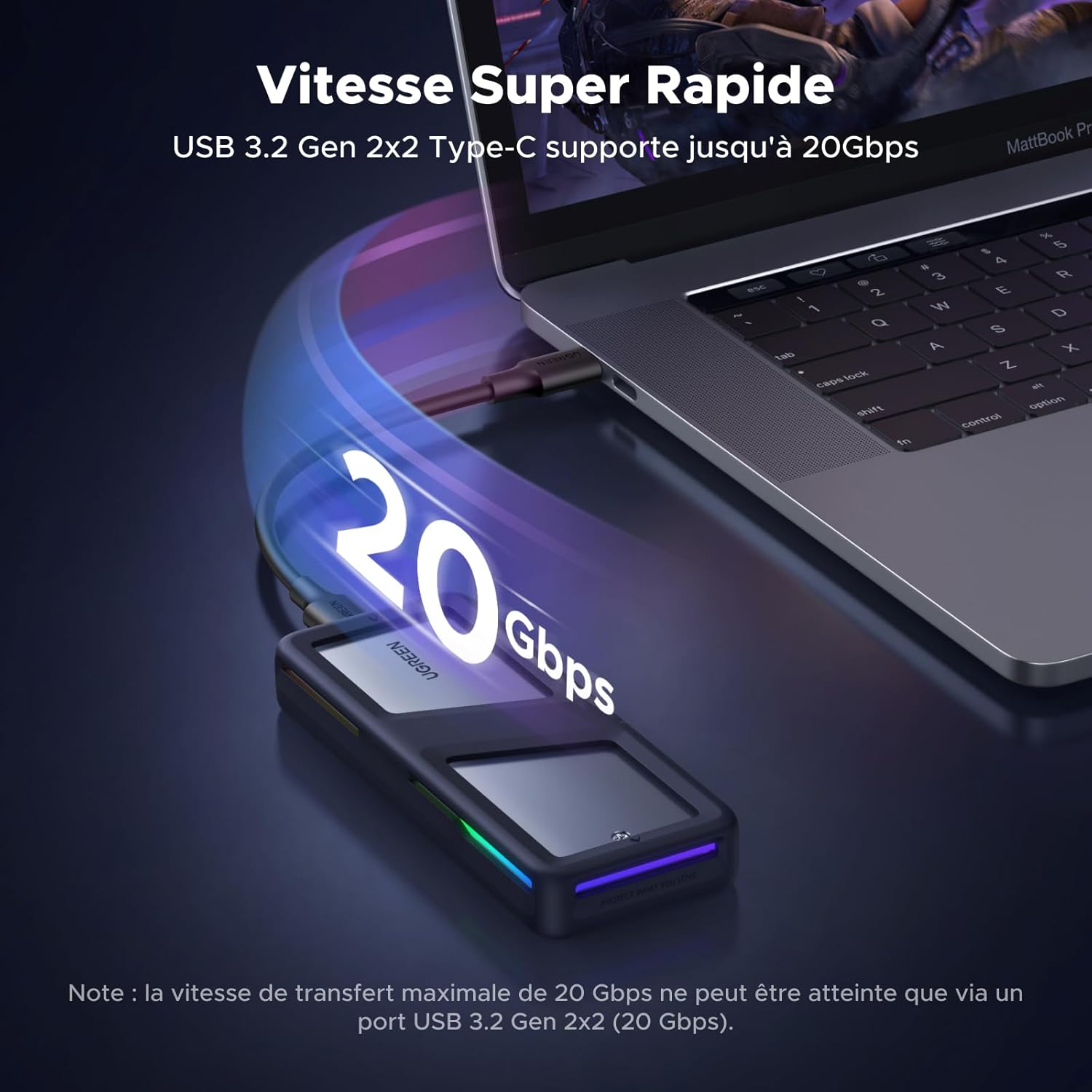 Thumbnail 1 de UGREEN Boîtier RGB M.2 NVMe/SATA USB-C 3.2 Gen 2 (20 Gbps) pour SSD M.2