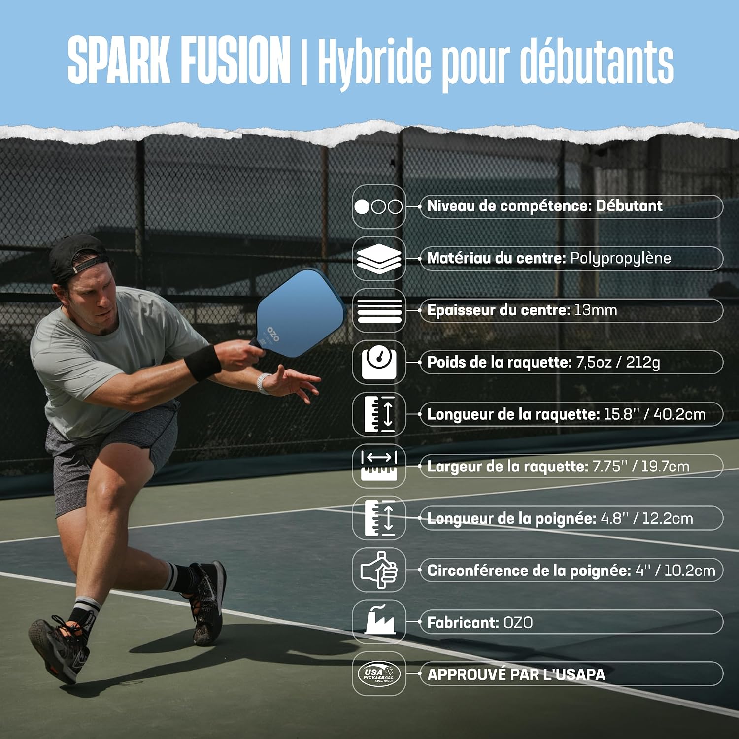 Detalle de OZO Pickleball Spark Fusion Essence – Raquette hybride débutant en Graphite, USAPA approuvée