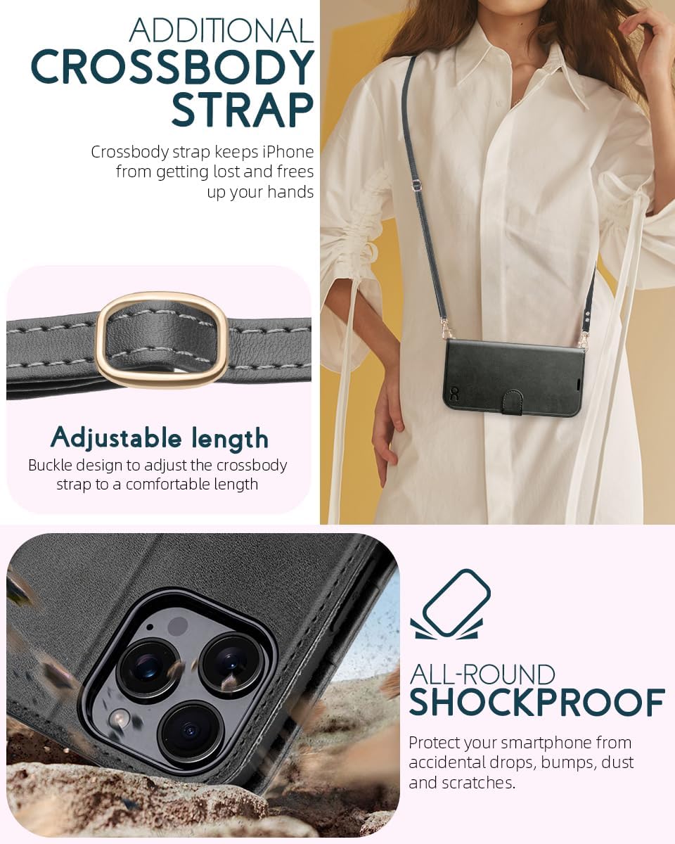 Thumbnail 2 de OCASE iPhone 16 Pro Max Hülle mit Handykette – Leder, RFID-Schutz und Kickstand