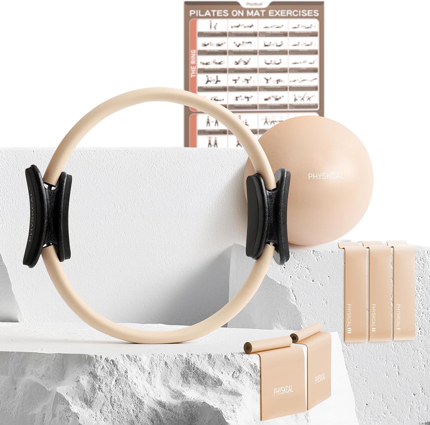 Detalle de PhysKcal Pilates Kit: 15-Inch Ring, Core Ball, 3 Resistance Bands, Flex Bands, and Poster for Home Workouts