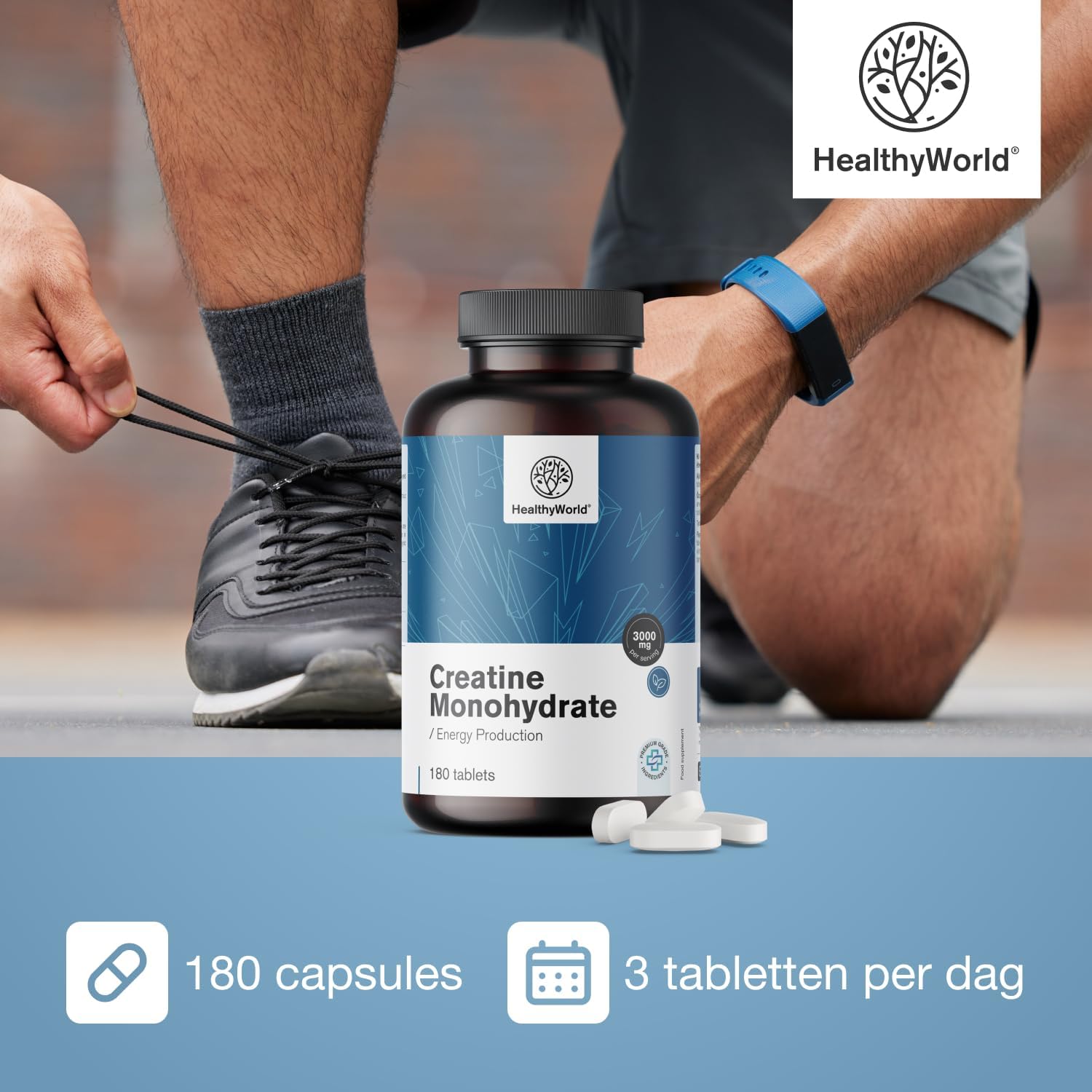 Detalle de HealthyWorld Creatinemonohydraat 3000 mg, 180 vegetarische tabletten