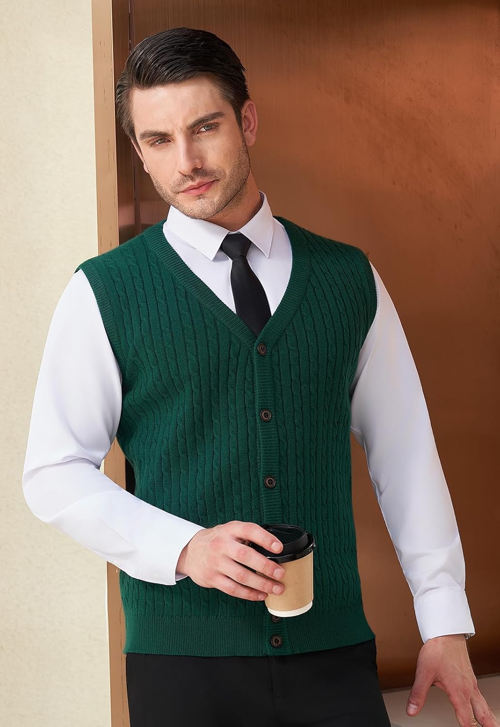 Thumbnail 5 de KUYIGO Men's V Neck Knitted Gilet Vest with Buttons – Premium Cable-Knit Tank Top