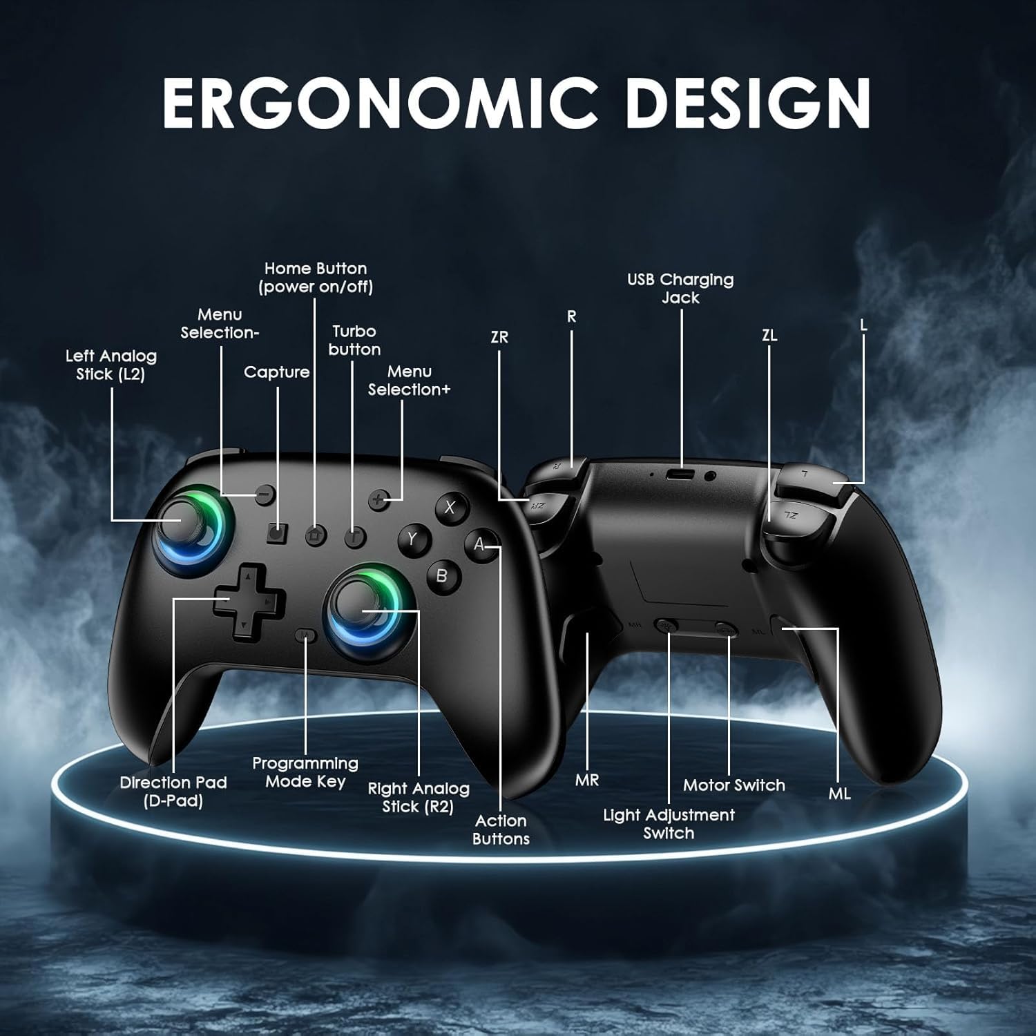 Detalle de JORREP Switch Controllers 2 Pack (RGB) for Nintendo Switch/Switch 2/Lite/OLED — Wireless Pro Controller with Turbo, Screenshot & 6-Axis Gyro