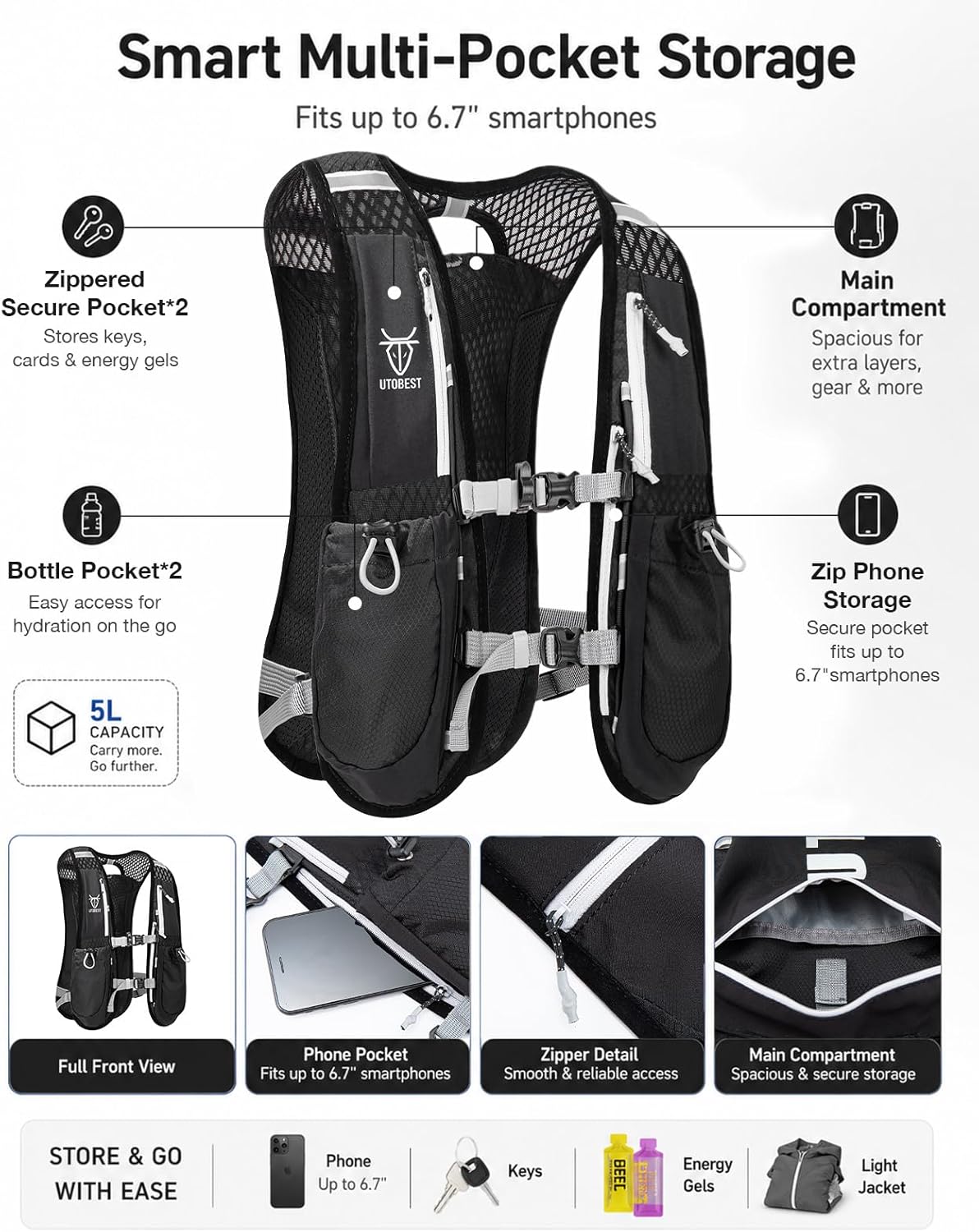 Thumbnail 4 de UTOBEST 5L Running Vest: Lightweight Hydration Pack for Marathon, Run & Hike