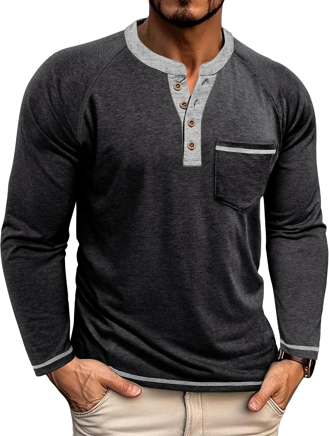 Detalle de Henley Shirt Herren Langarm Langarmshirt