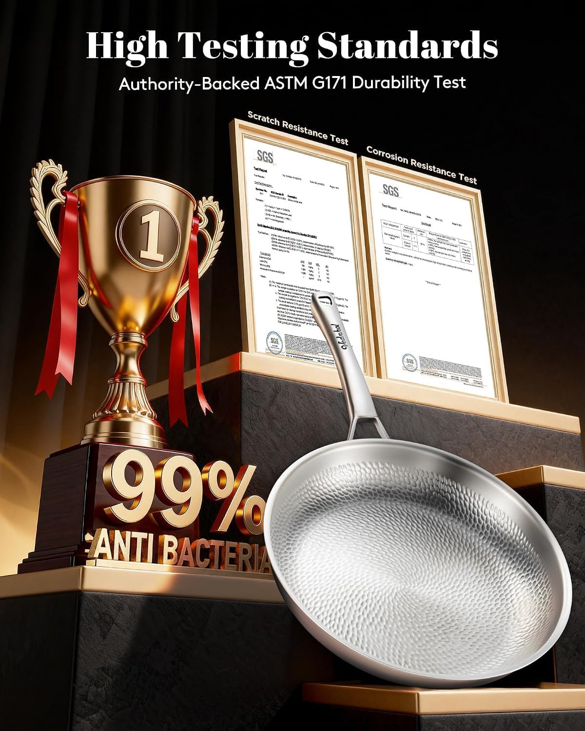 Detalle 1 de VEDNHOL Titanium Frying Pan Set, 8-, 10- & 12-Inch, 2 Lids