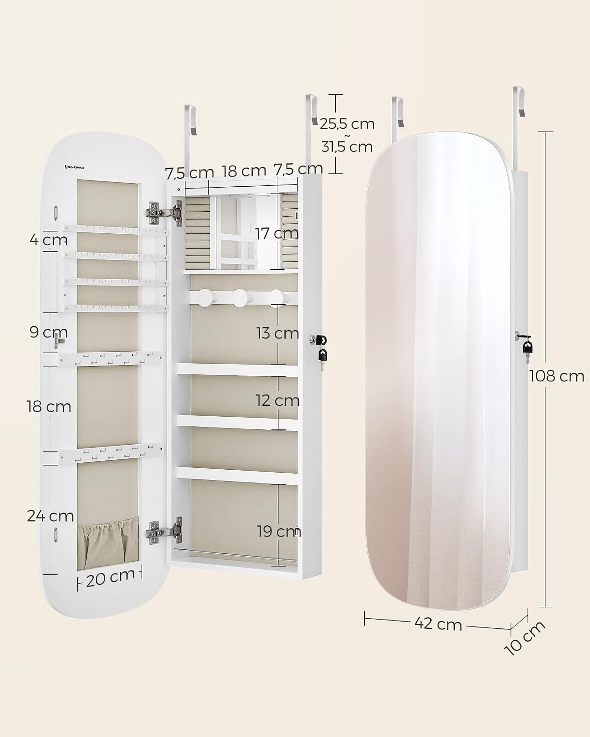 Thumbnail 6 de SONGMICS JJC026W01: armario para joyas de pared con espejo, luz LED y cerradura