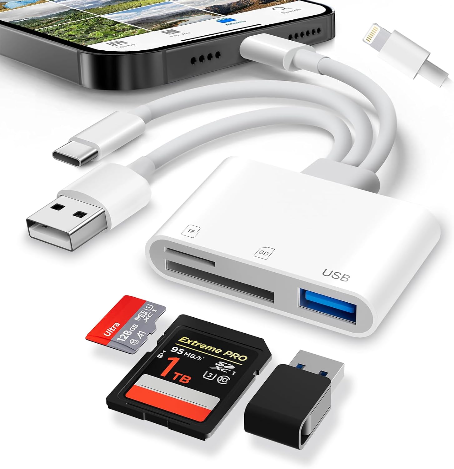 Detalle de Dalimee 3-Port SD Card Reader with Lightning, USB-C and USB-A – for SD, microSD and USB devices