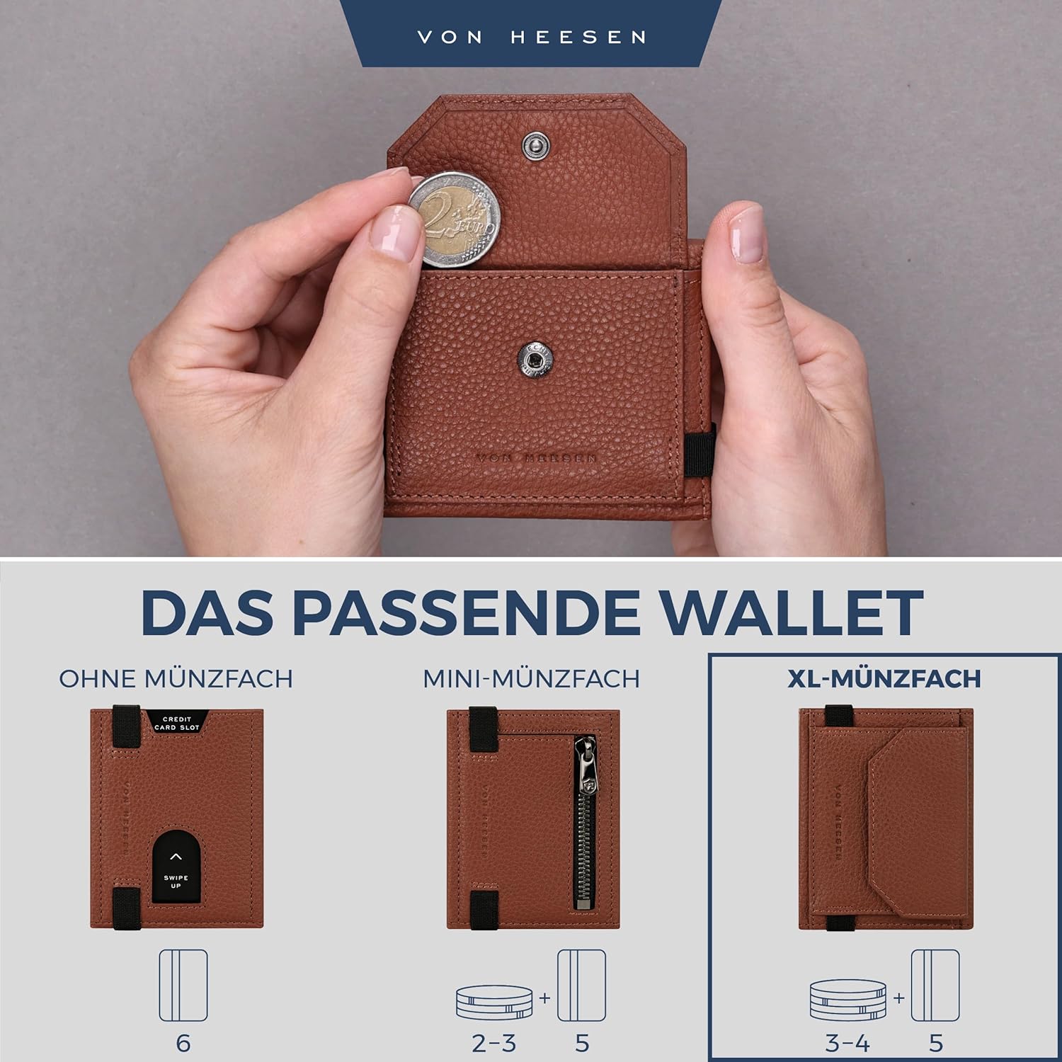 Thumbnail 5 de VON HEESEN Slim Wallet mit XL Münzfach & RFID-Schutz – echtes Nappa-Leder, Cognac-Braun