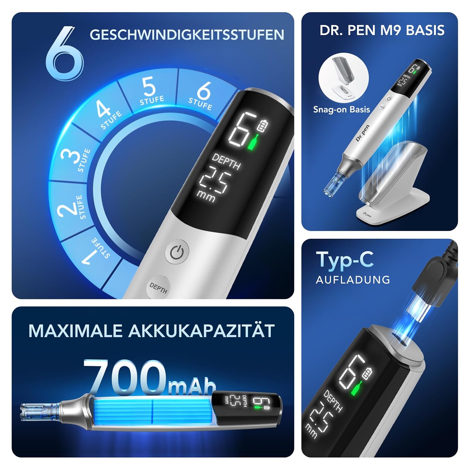 Detalle de Dr.pen Ultima M9 2026 kabellos Microneedling – Tiefeneinstellung 0–2,5 mm, LED-Display, 700 mAh Akku