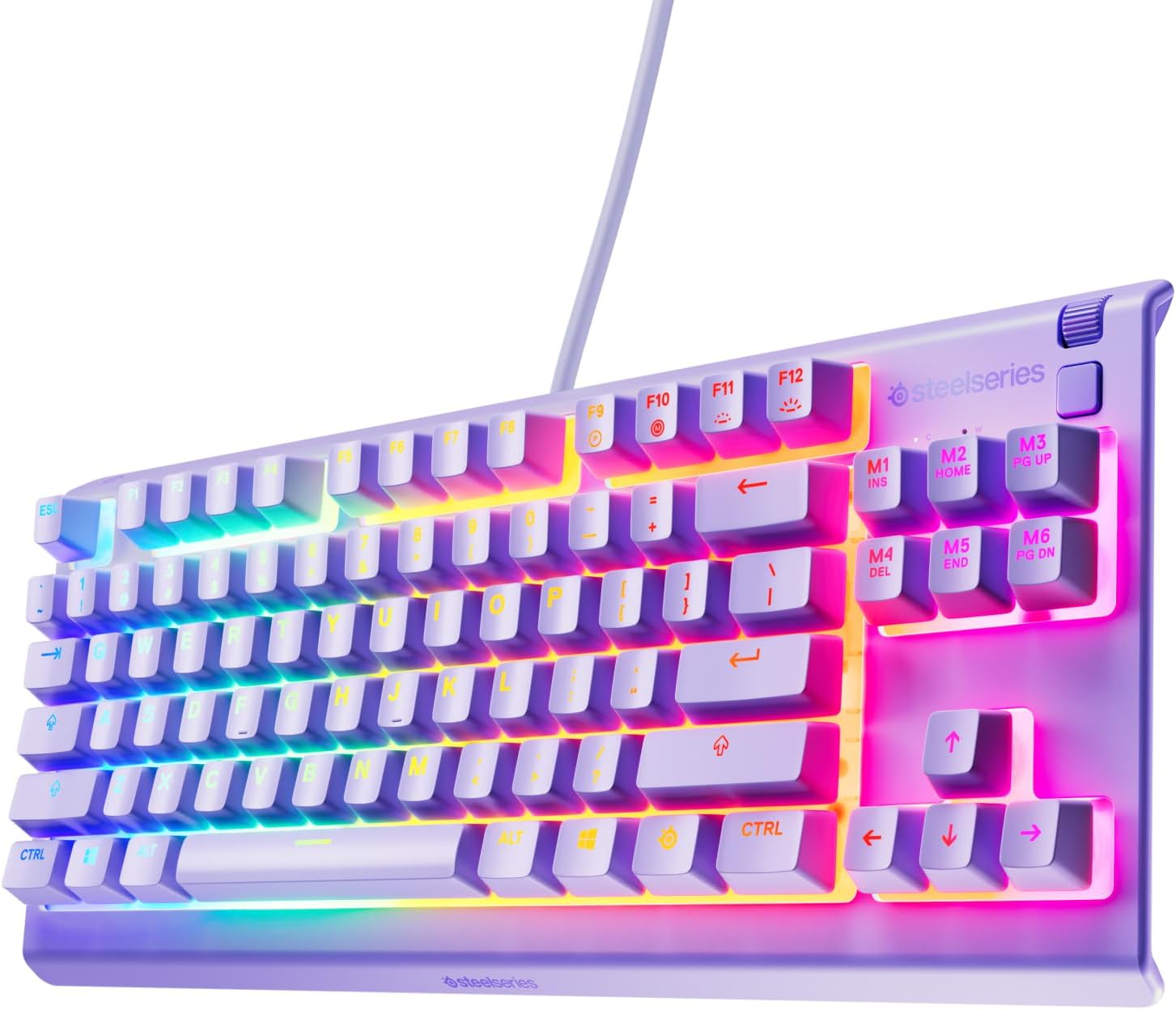 Detalle de SteelSeries Apex 3 TKL gaming keyboard (Silent) with 8-zone RGB, IP32 protection and American QWERTY, Lavender