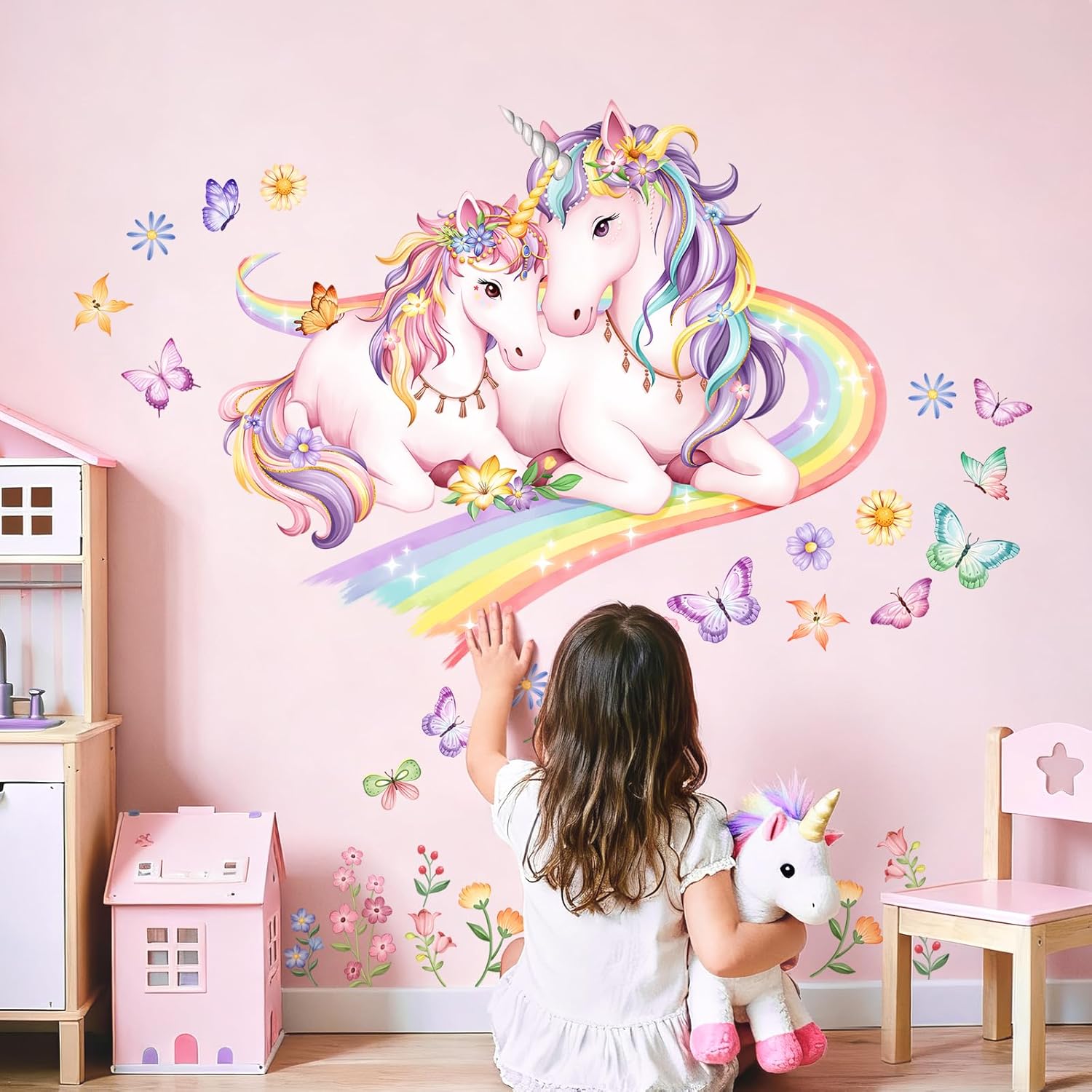 Tanlaby Einhorn Wandtattoo Regenbogen Groß – Rosa Pony & Blumen Sprites als Wandaufkleber