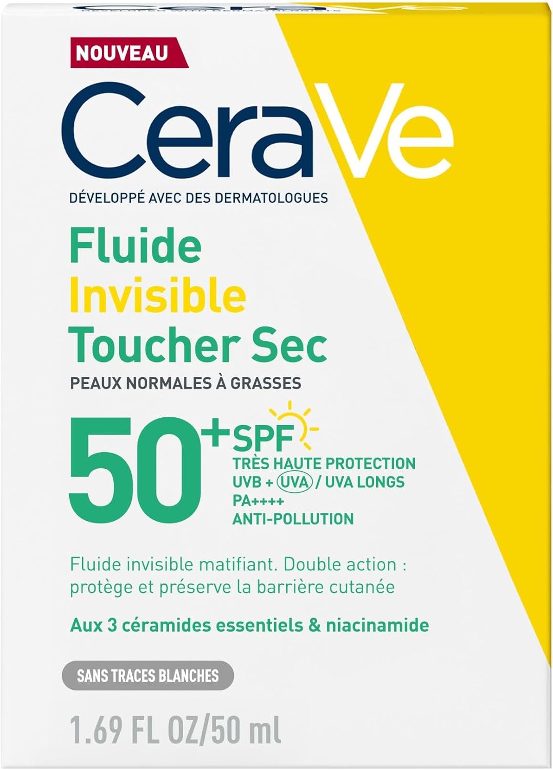 Detalle de CeraVe Fluide Invisible Toucher Sec SPF 50+ — Protection 12h et fini matifiant pour le visage