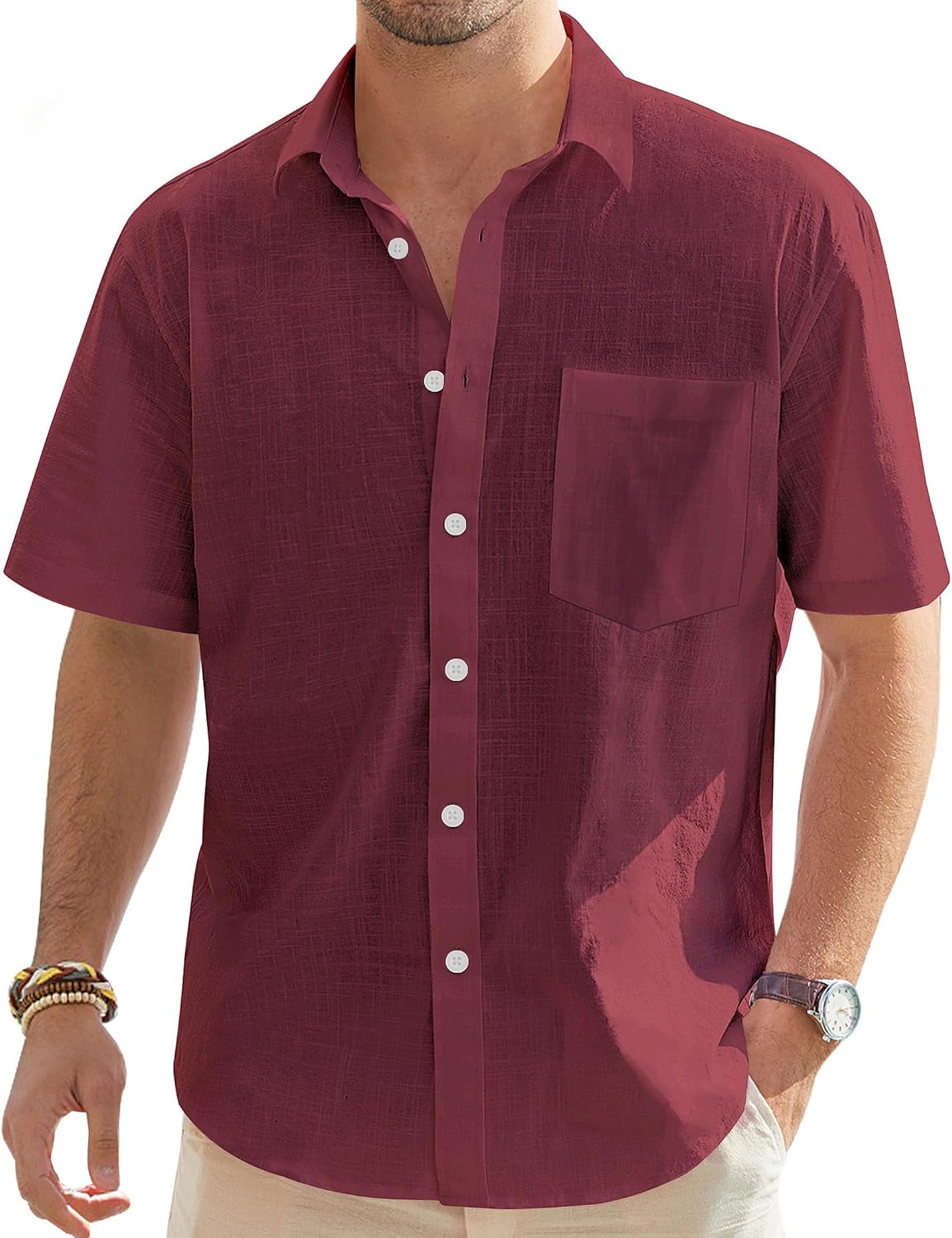 Detalle de J.VER Men's Short Sleeve Linen Shirt Regular Fit Casual Summer Beach Shirt with Pocket