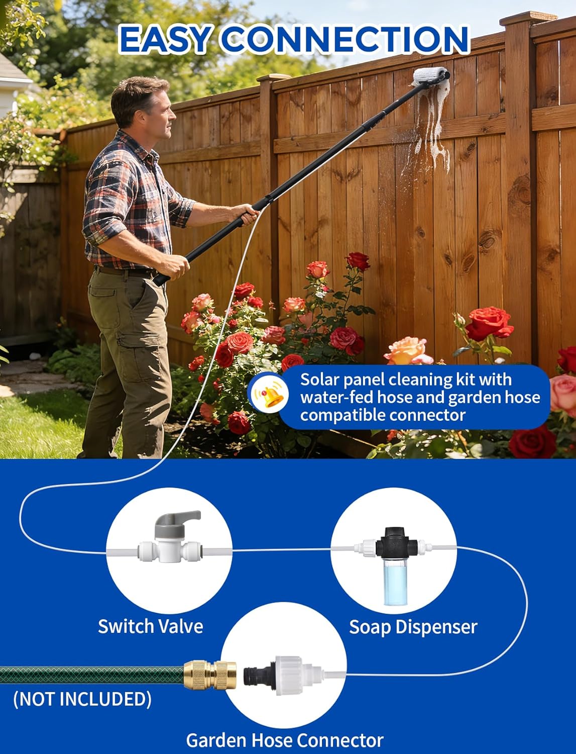 Detalle de Electric Solar Panel Cleaning Brush and Pole Kit (6.2M) with Soap Dispenser & Telescopic Water Fed Pole