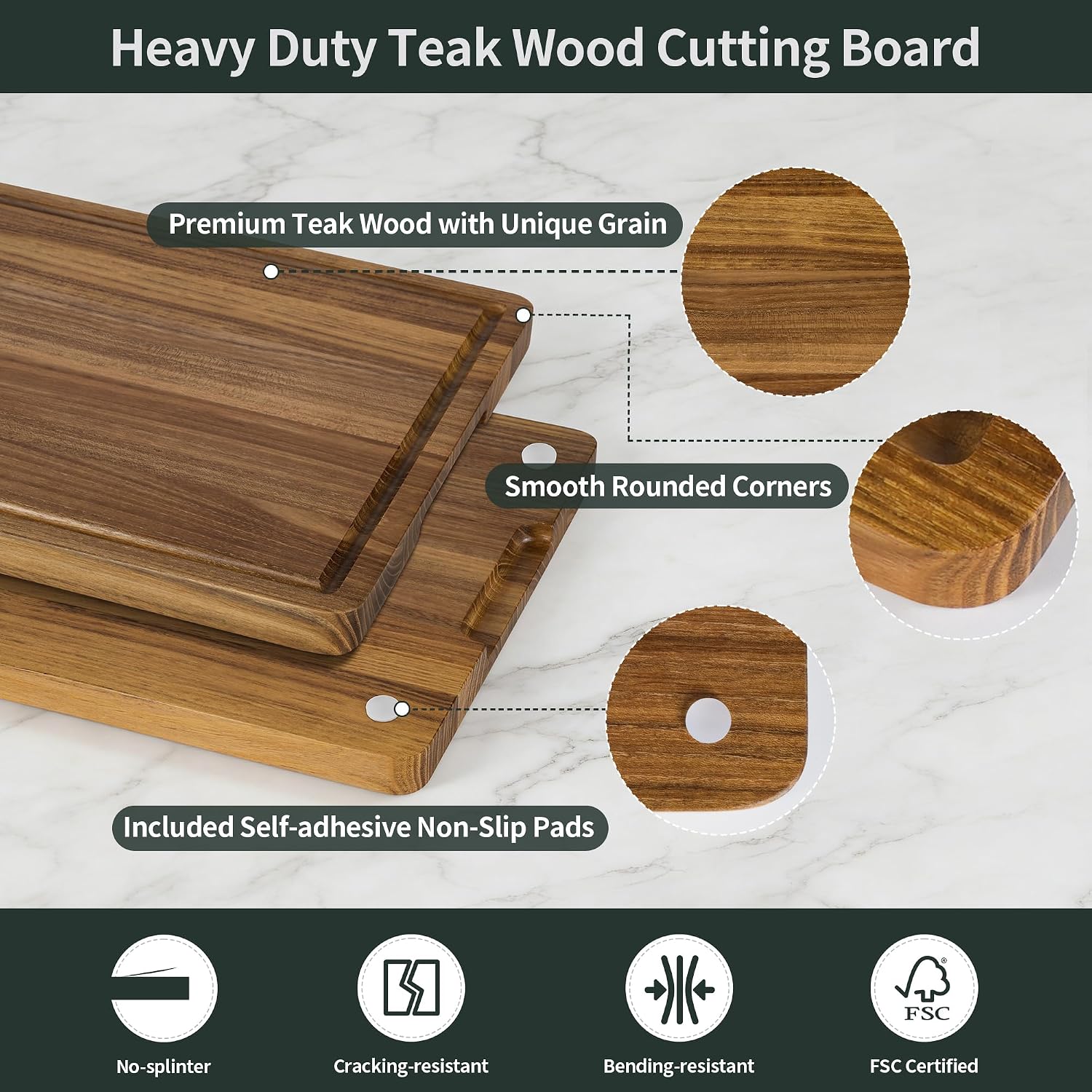 Detalle 2 de WILLKOMMEN Teak Wood Cutting Board, 40 x 28 cm with Juice Groove and Handles