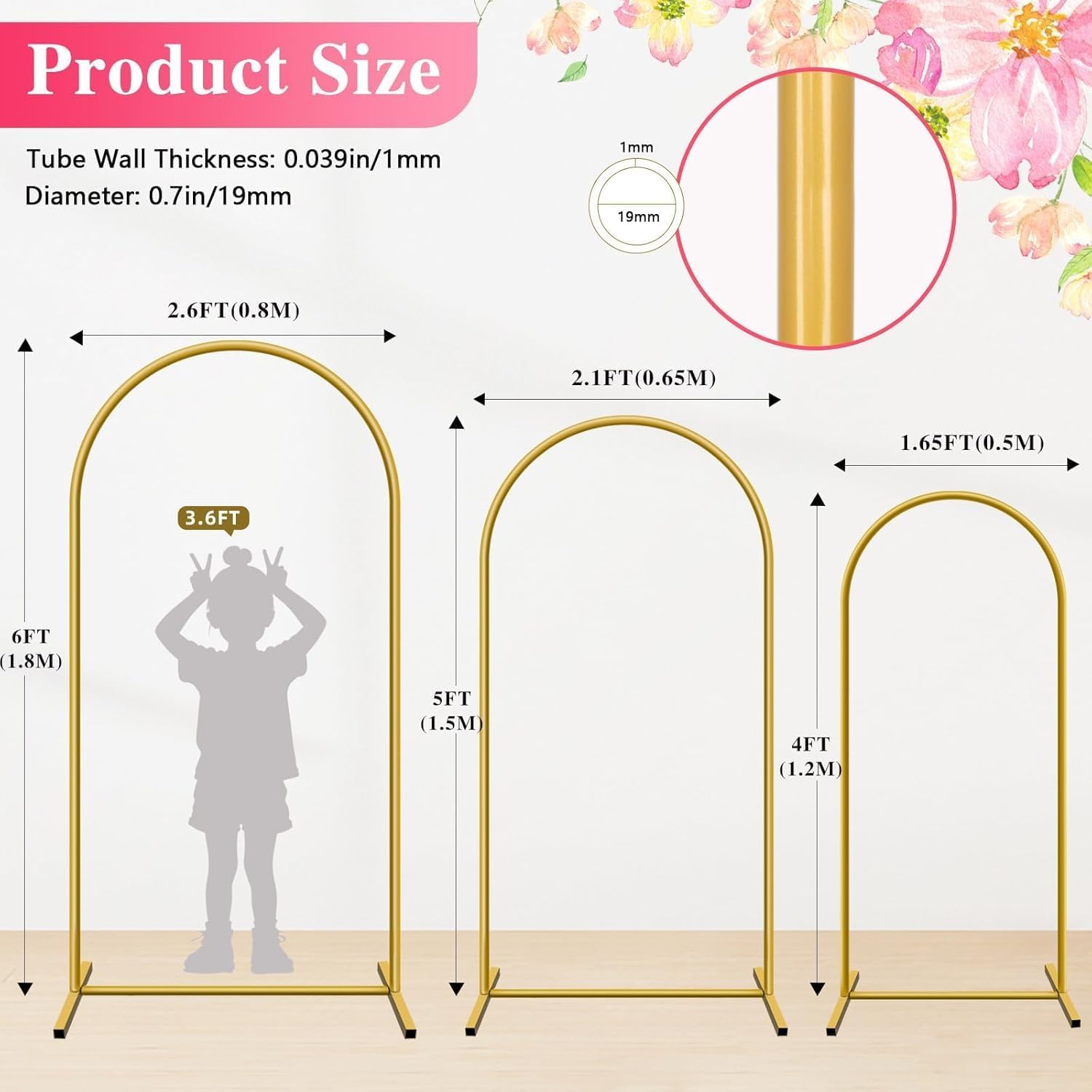 Thumbnail 1 de YAYOYA Metal Arch Backdrop Stand – Set of 3 (4ft/5ft/6ft) Gold Arches