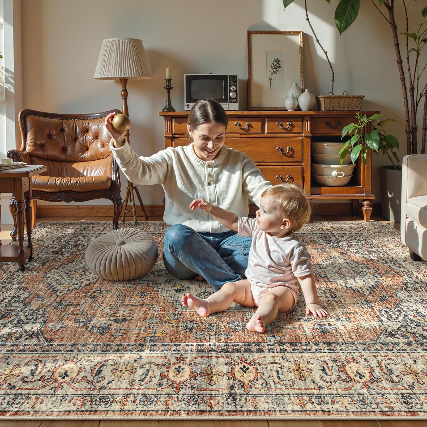 Thumbnail 3 de Lahome Oriental Washable Rug 8x10 (Peach/Orange) — Non-Slip, Ultra-Thin, Machine Washable