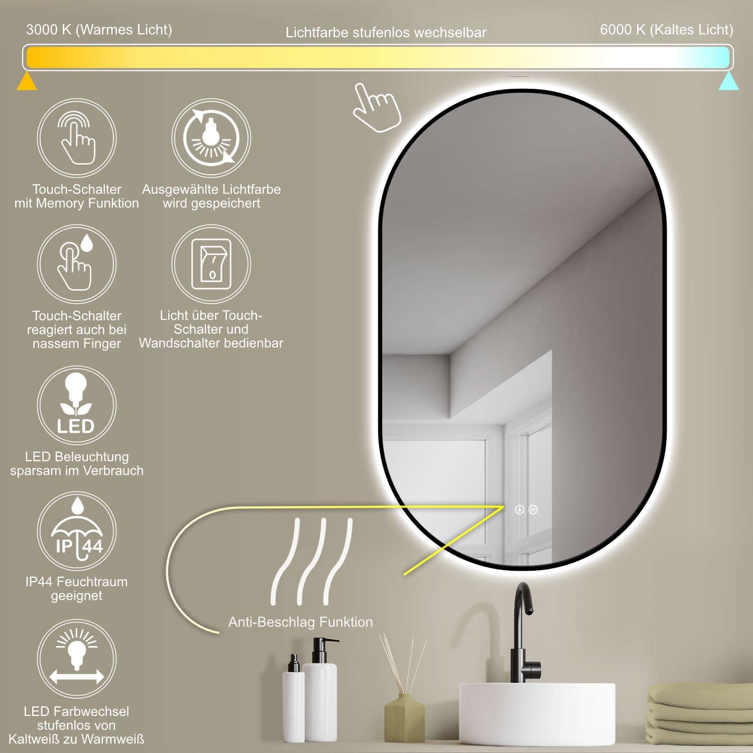 Thumbnail 1 de HOKO Specchio-Bagno con Luce Ovale Antiappannamento LED 45x75 cm, Cornice Metallo Nera, Montaggio Verticale/Orizzontale