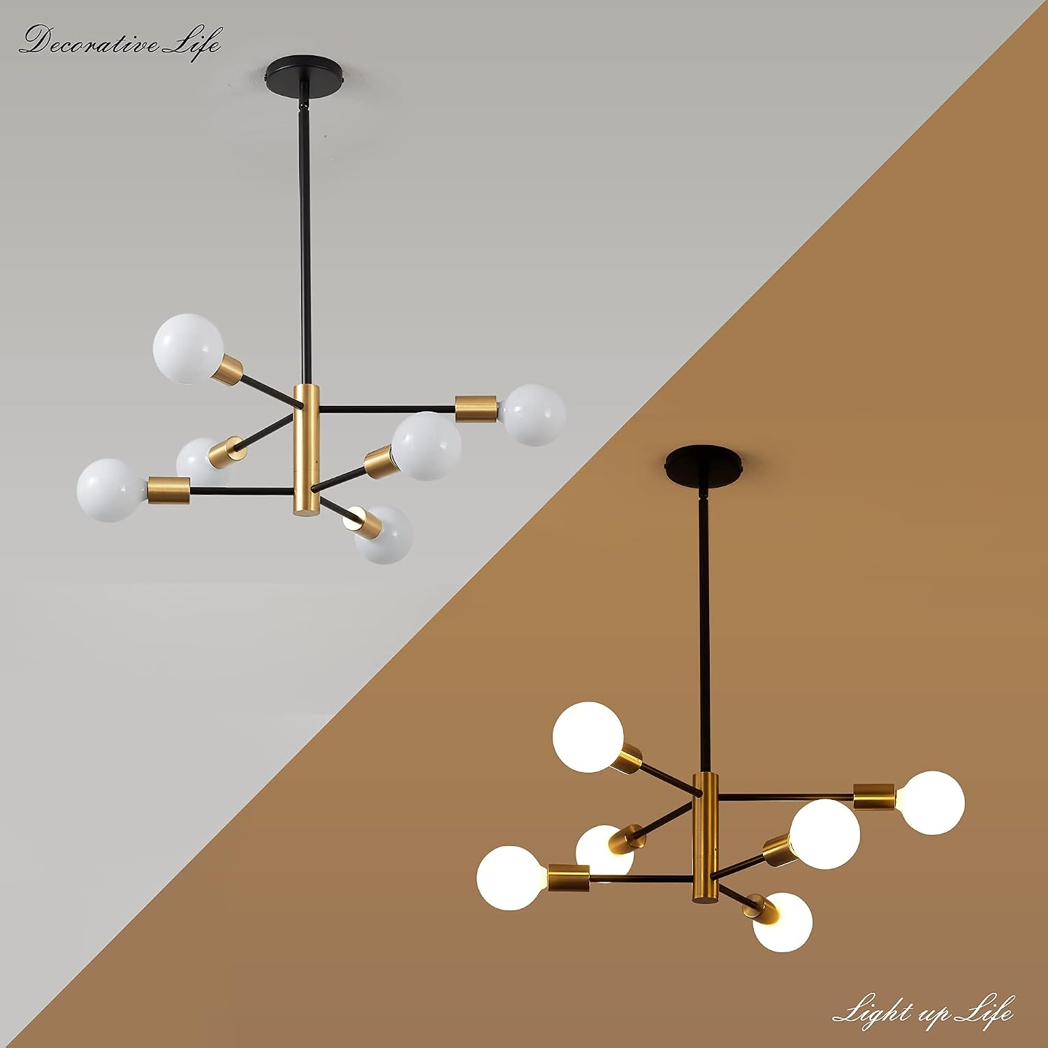 Thumbnail 6 de KAISITE 8006-6C Sputnik Chandelier, 6-Light Black and Gold, Adjustable Height