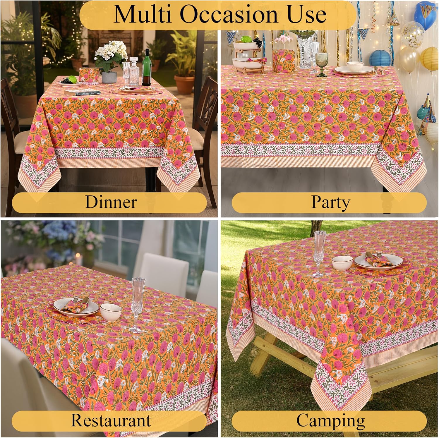 Detalle de Ridhi Bubblegum Pink Hand Block Print Cotton Rectangle Tablecloth — 108" x 70