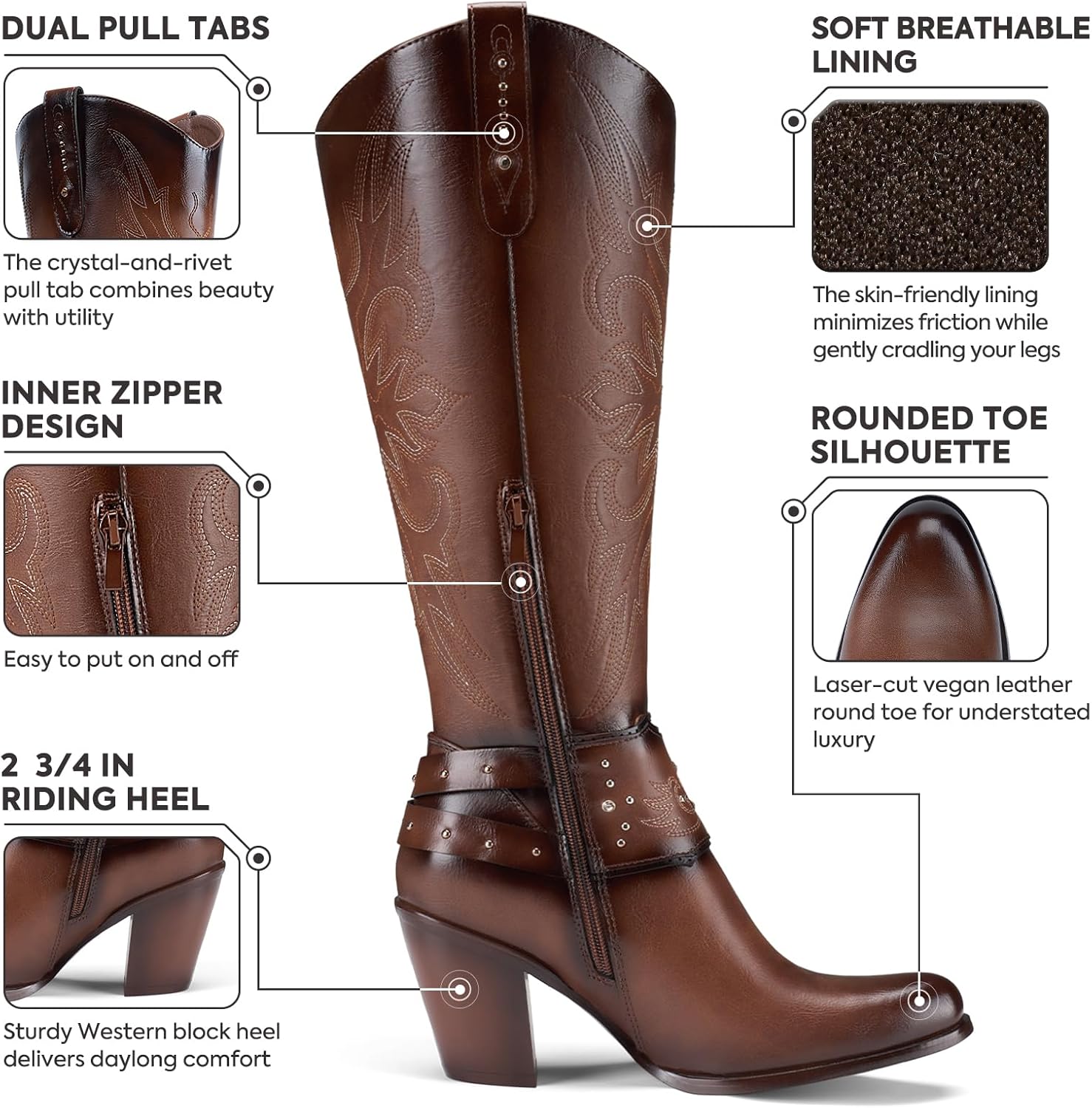 Thumbnail 4 de Rollda Cowboy Boots for Women: Knee-High Western Boots with Embroidery, Crystals, and Zipper