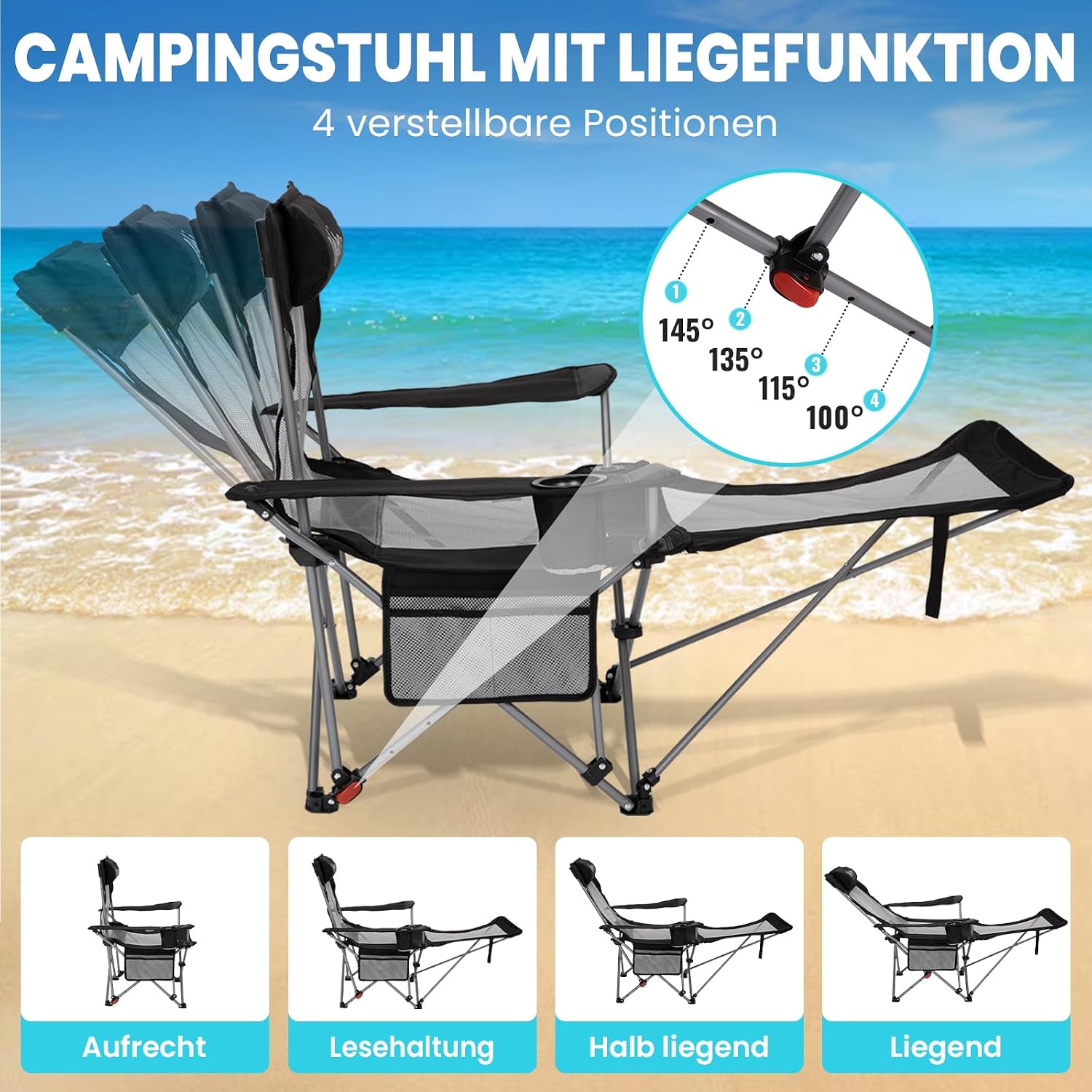 Thumbnail 2 de #WEJOY 2-in-1 Campingstuhl Faltbar 180 kg mit Fußstütze – 4-Positionen, Getränkehalter, kompakt & langlebig (Cyan/Grau)