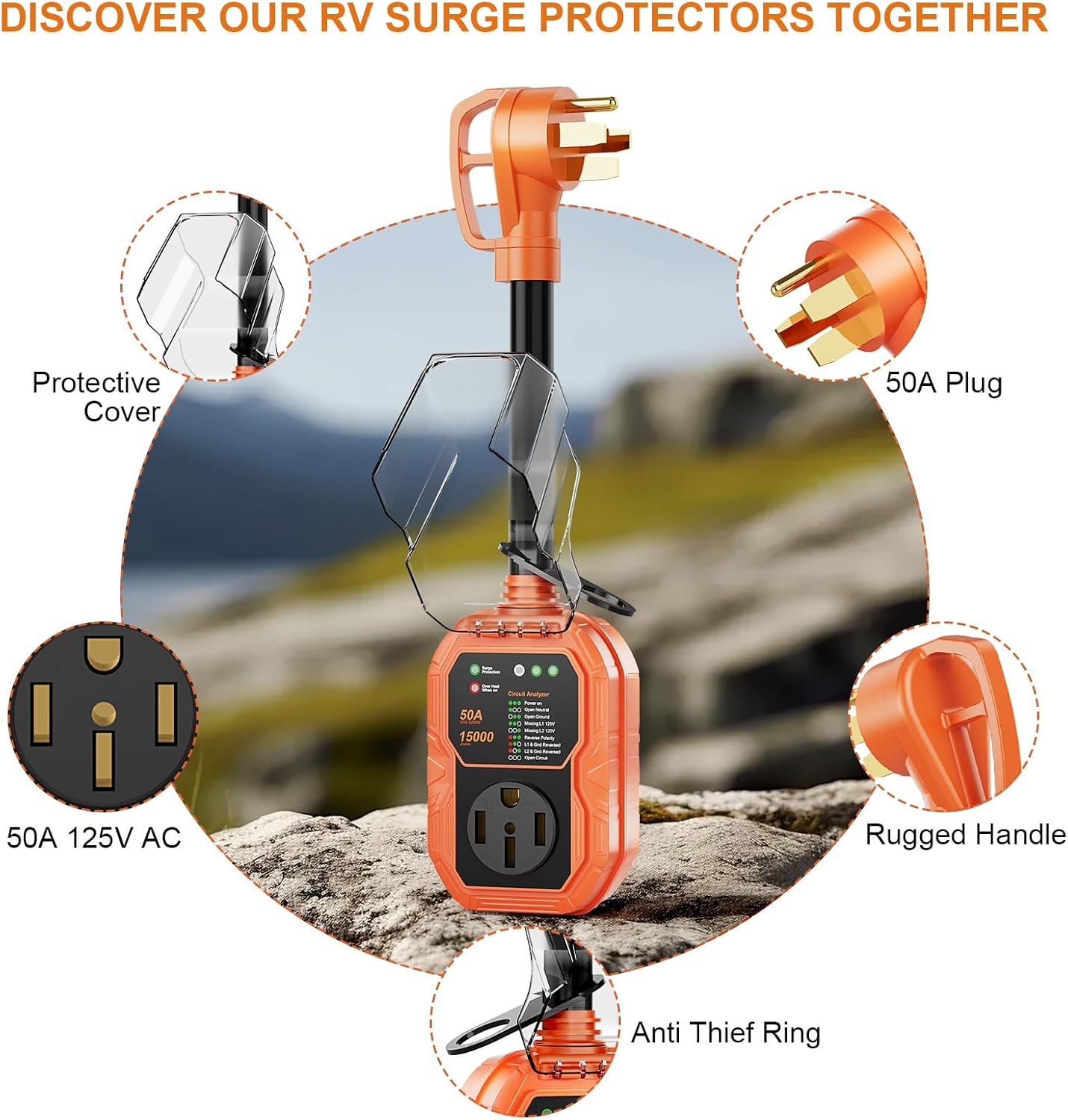 Thumbnail 3 de GutterWord RV Surge Protector 50 Amp 15000J with Circuit Analyzer and Waterproof Cover