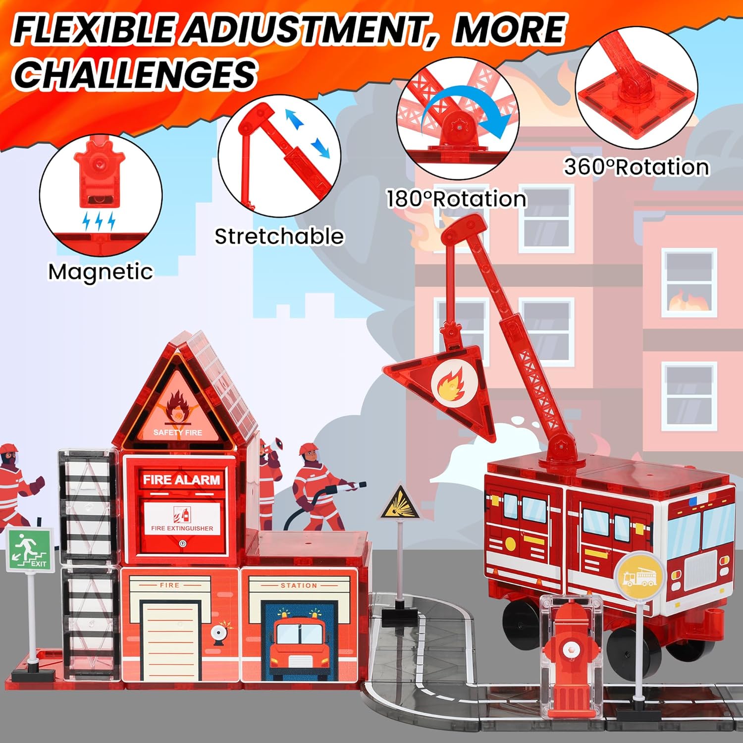 Detalle de Magnetic Tiles Road Set with Fire Truck — Creative STEM Building Toys for 3–12 Year Olds