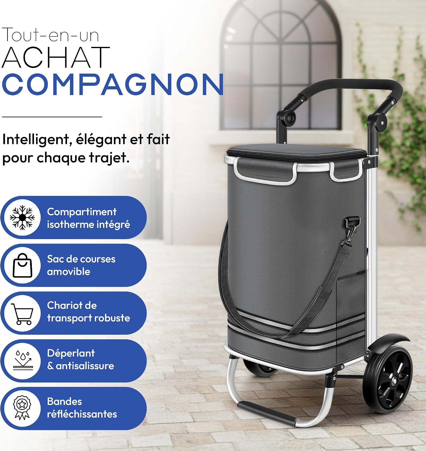 Detalle de Dimono Chariot de Courses Trolley Pliable 3 en 1 – 56 L avec compartiment réfrigéré, gris