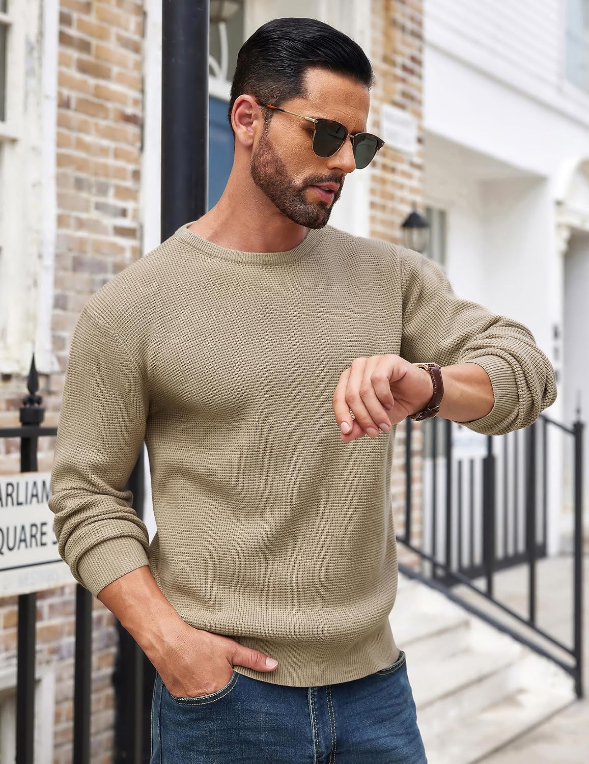 Detalle de COOFANDY Pull Homme à Col Rond — tricot gaufré, hiver élégant et polyvalent