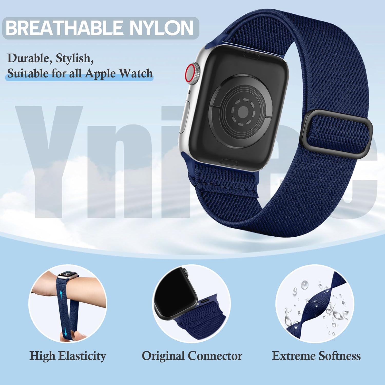 Detalle de Ynitec Stretchy Straps for Apple Watch — Breathable Elastic Nylon Loop, 44–49mm, For All Series