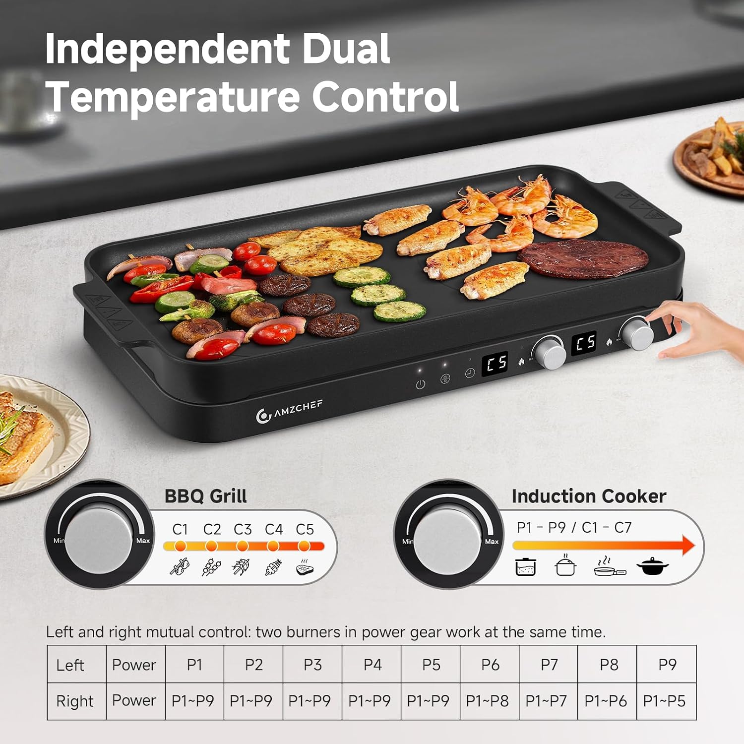 Detalle de AMZCHEF Double Induction Cooktop with Removable Griddle Pan – 2 Burners, 1800W, Sensor Touch & 9 Power Levels