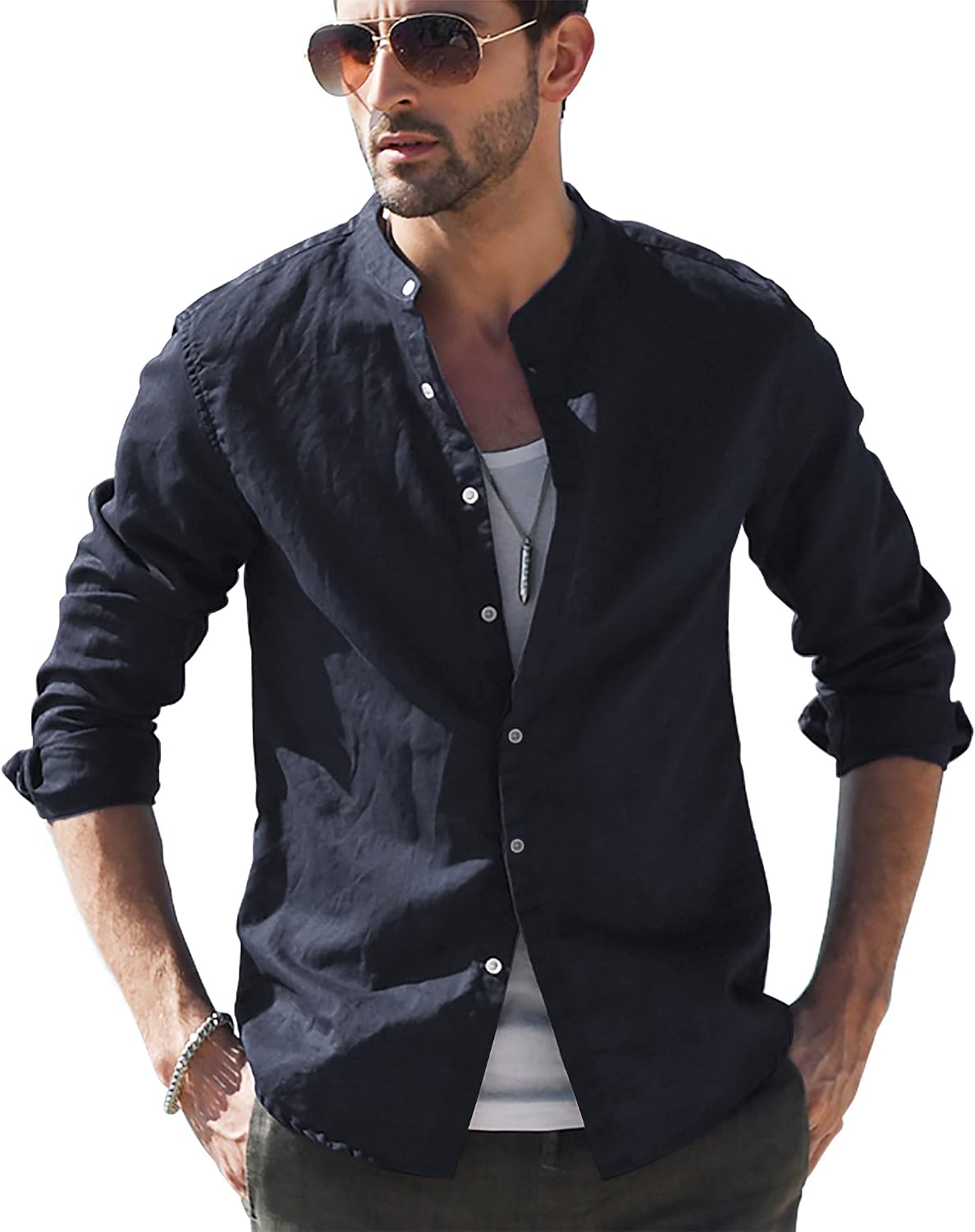 Thumbnail 5 de LVCBL Mens Casual Cotton Shirt Long Sleeve Band Collar Henley Shirt Tops