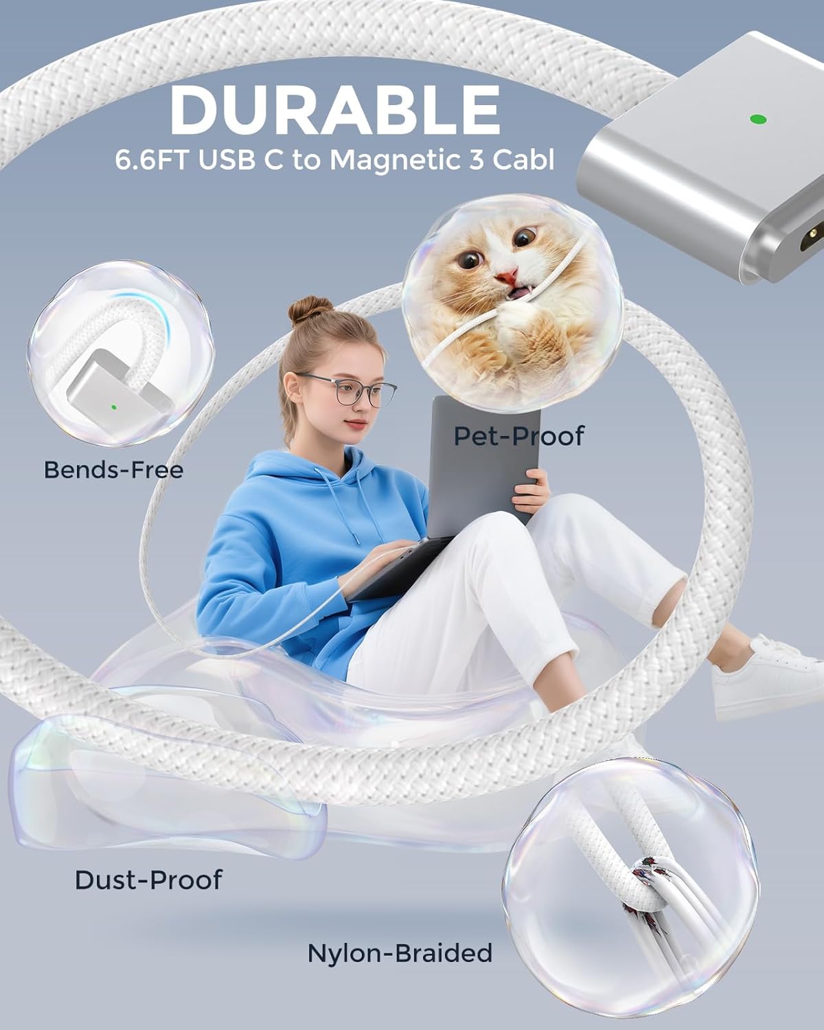 Thumbnail 2 de Magnetic USB-C to Magnetic 3 Charger Cable for MacBook Air 13.6/15 and Mac Pro 14/16 (Braided, LED) – 6.6ft (2-Pack)