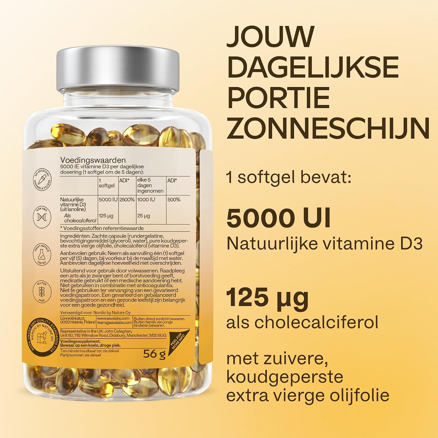 Detalle 1 de AAVALABS Vitamine D3 5000 IE softgels, 365 stuks met olijfolie