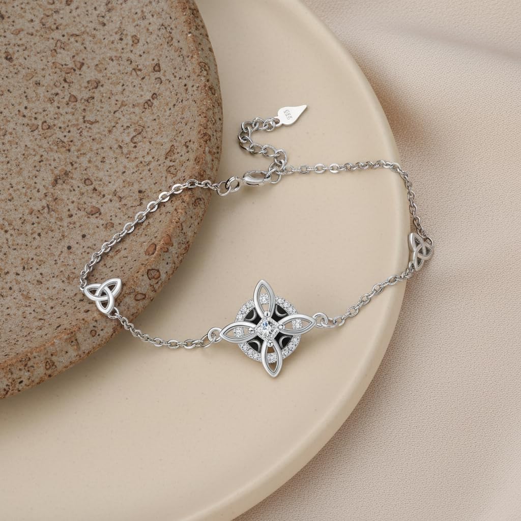 Detalle de Micory Femme Bracelet en Argent Sterling 925 Ajustable – Croix Celtique et Nœud, Cadeau Élégant