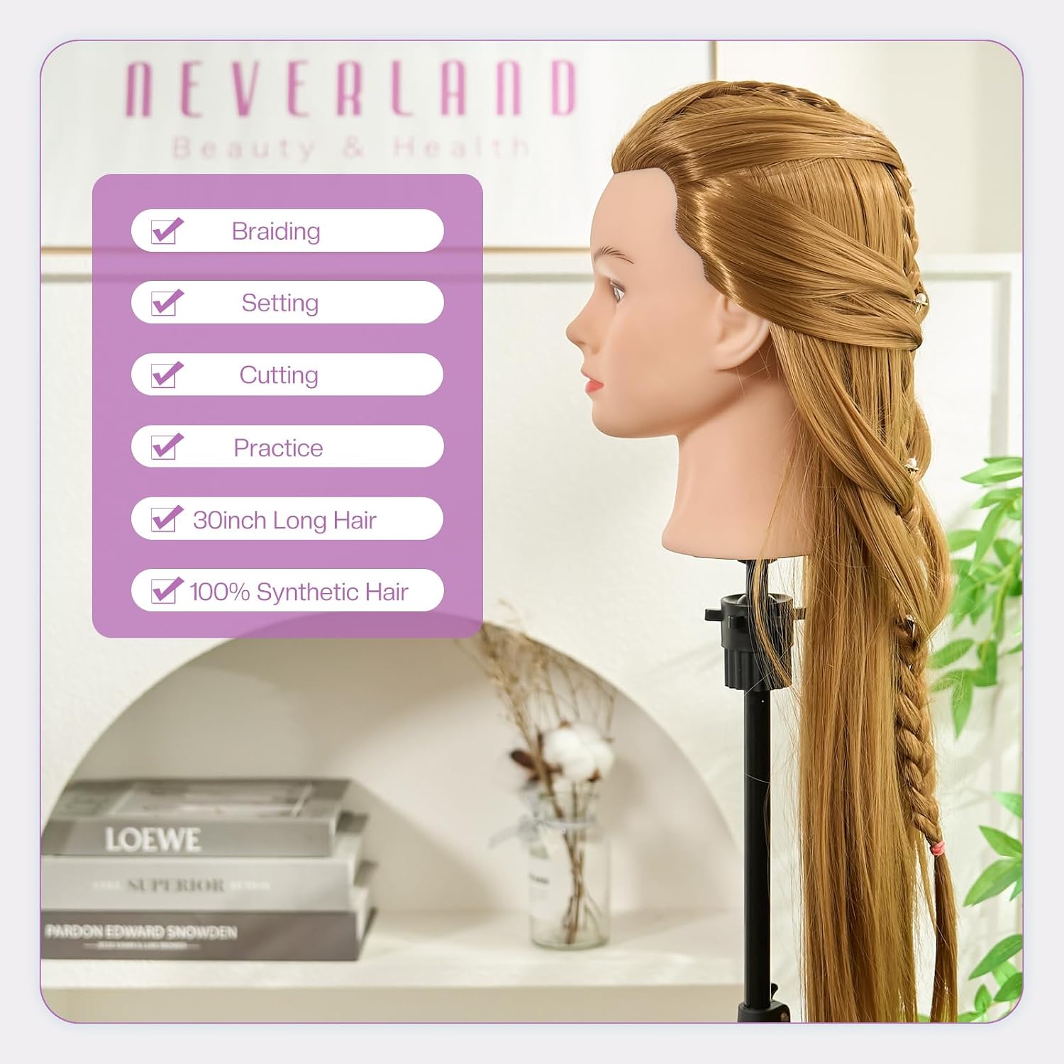Detalle de Neverland Beauty 30 Zoll Frisierkopf – 100% synthetisches Haar, mit Tischklemme und Zubehör