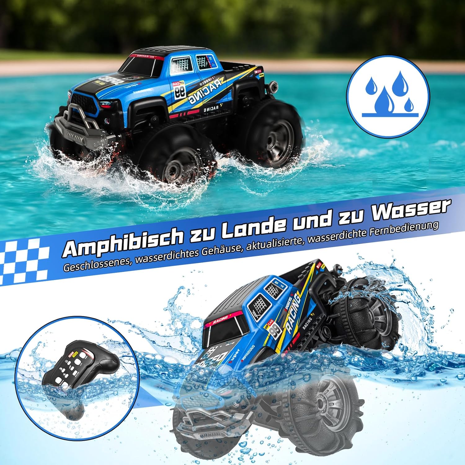 Detalle de Charmofun Amphibisches Fernsteuerauto 1:16 – 4WD, wasserdicht, Gestensensor und LED-Beleuchtung