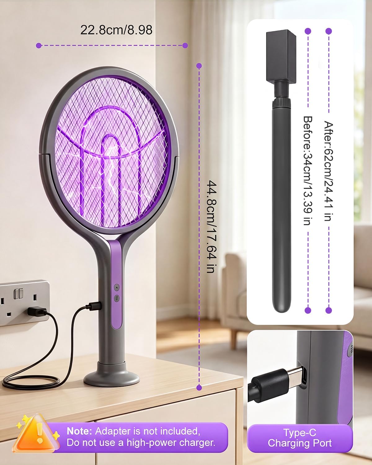 Thumbnail 5 de Molxss Rotating Head Electric Mosquito Swatter 4000V with Telescopic Extension